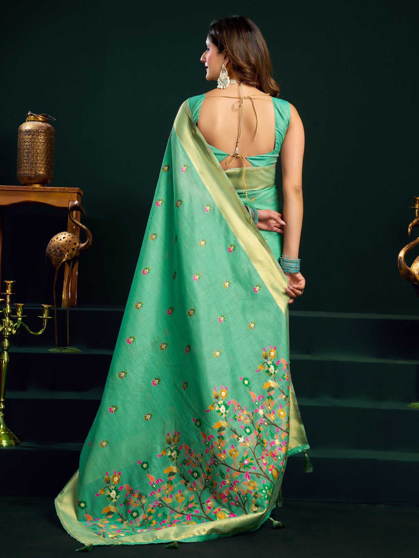 Charming Sea Green Floral Embroidered Cotton Festive Saree