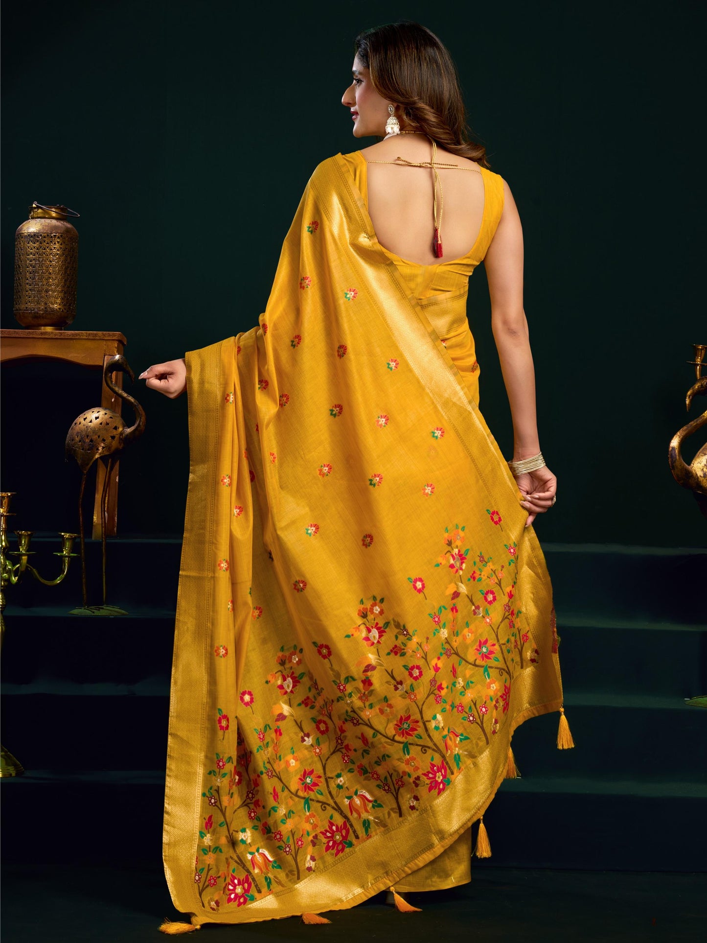 Amazing Yellow Floral Embroidered Cotton Haldi Wear Saree