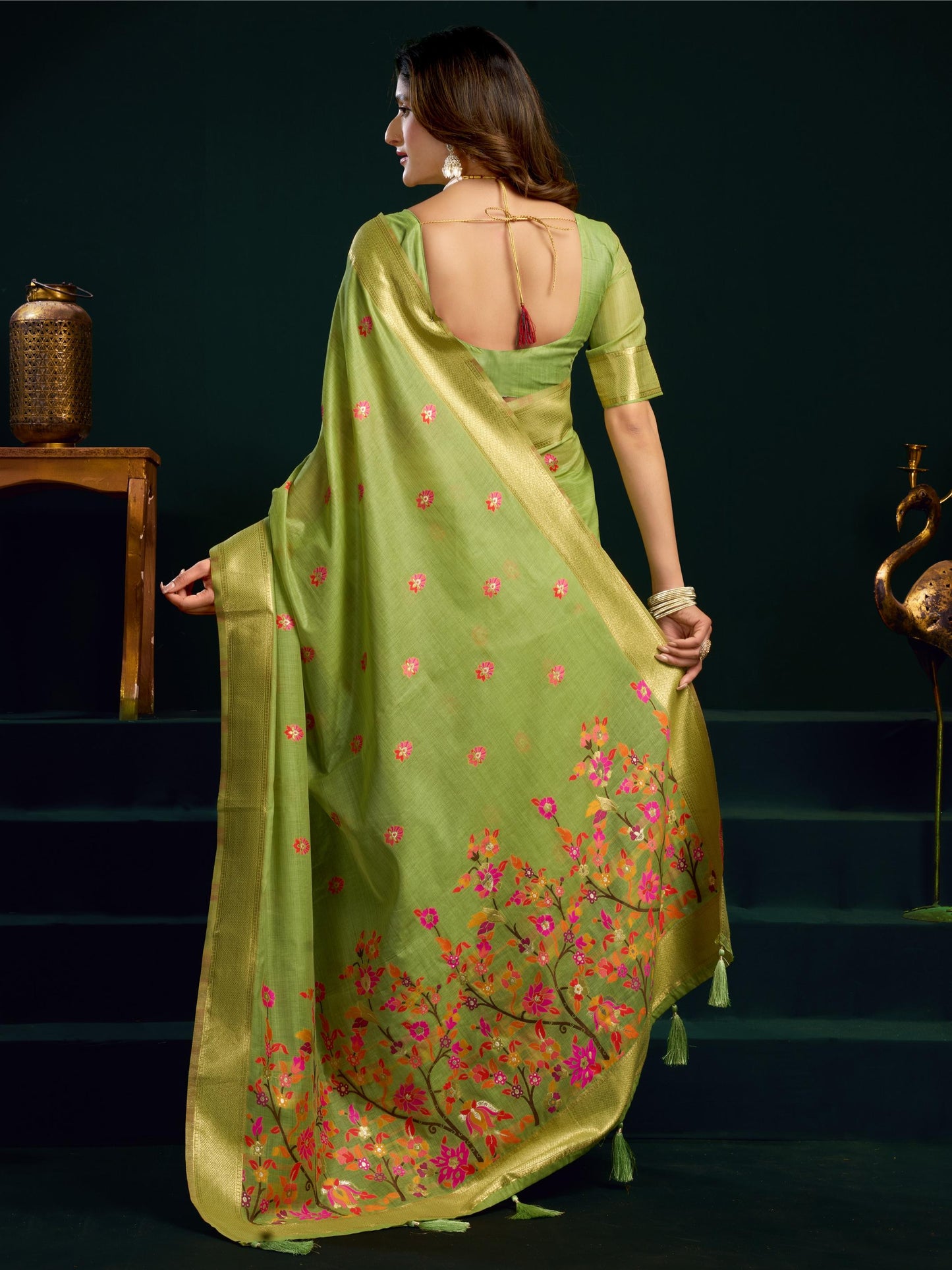 Fantastic Green Floral Embroidered Cotton Mehndi Wear Saree