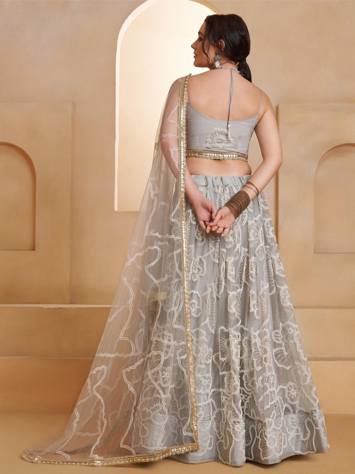 Attractive Grey Embroidered Net Reception Lehenga Choli