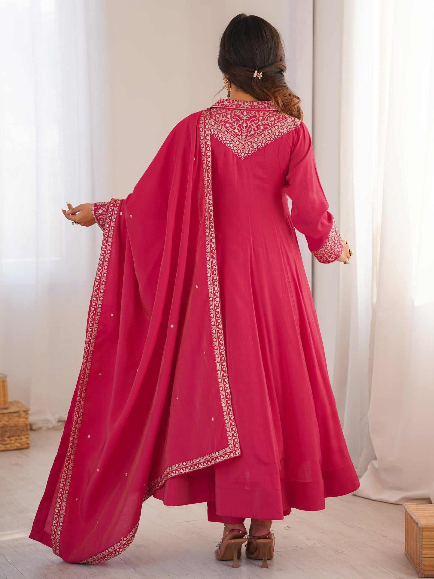 Pretty Pink Embroidered Roman Silk Festive Anarkali Suit