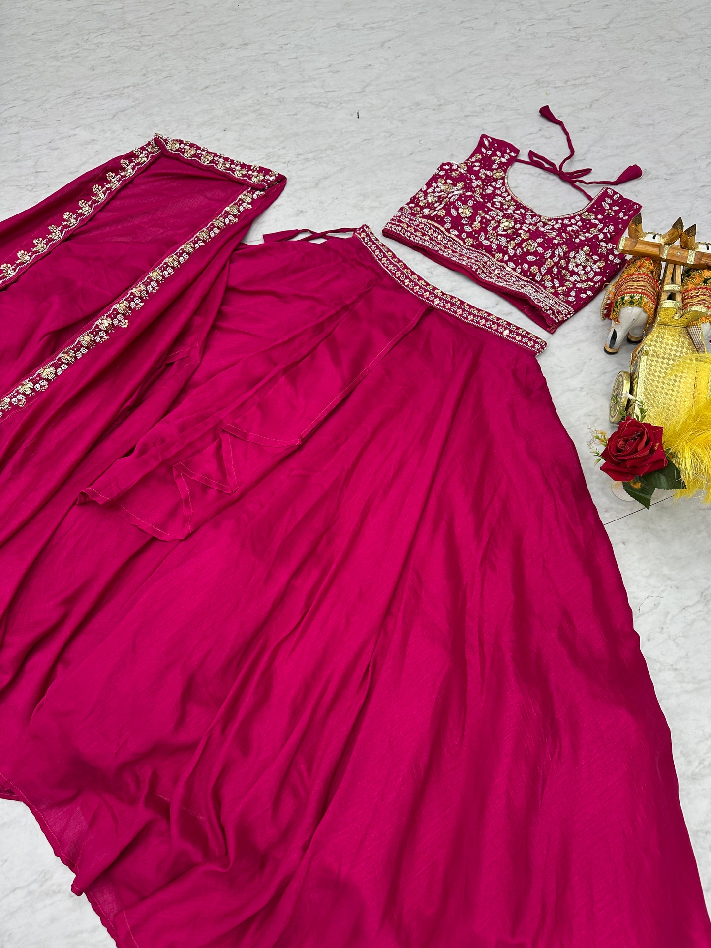Spectacular Hot Pink Embroidered Silk Lehenga Choli With Shrug