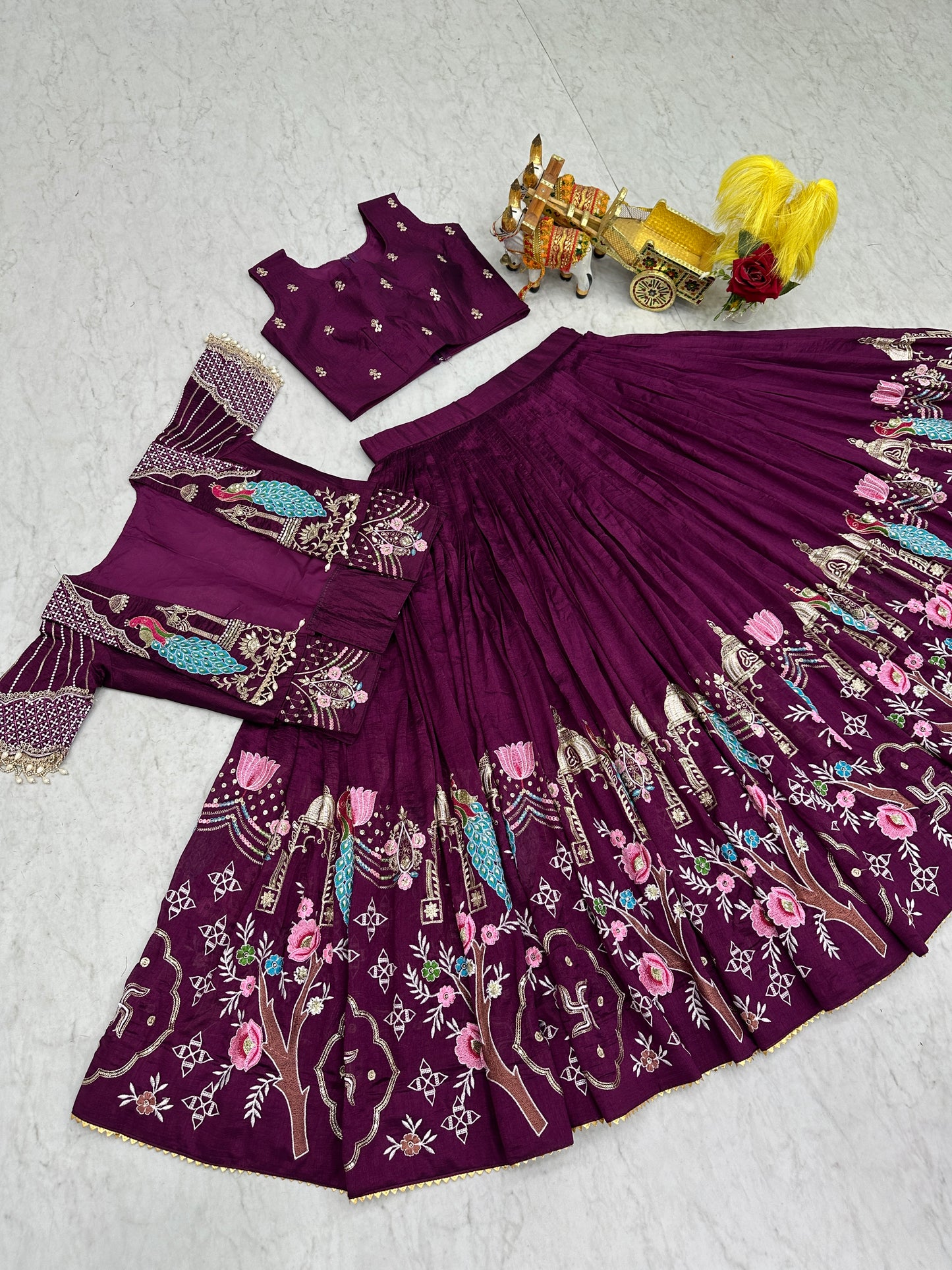 Awesome Wine Embroidered Silk Bridesmaid Crop top Lehenga