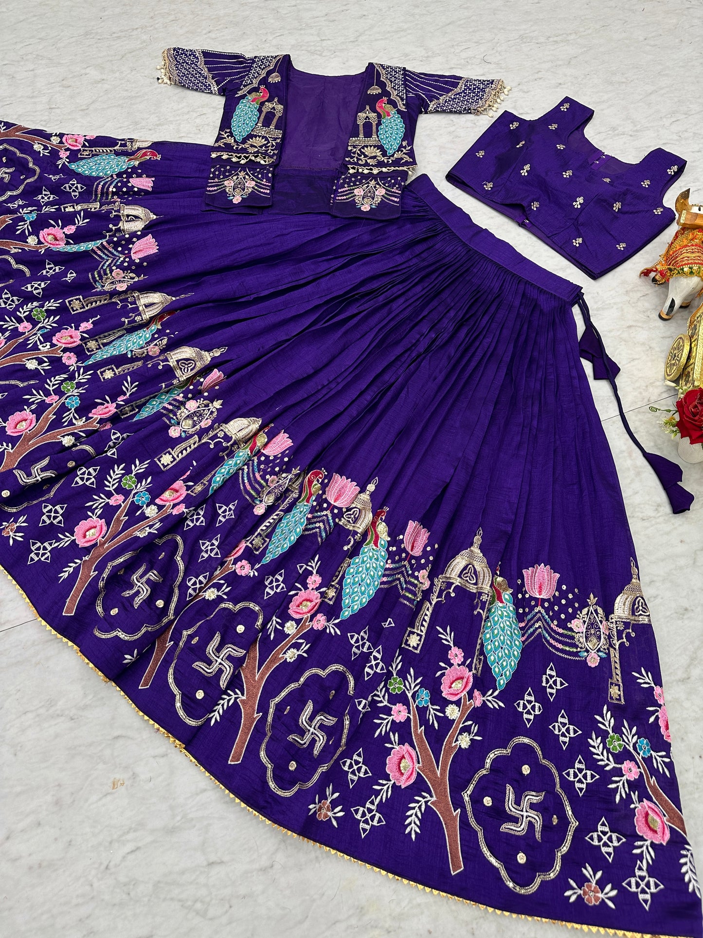 Astonishing Purple Embroidered Silk Crop top Lehenga With Jacket