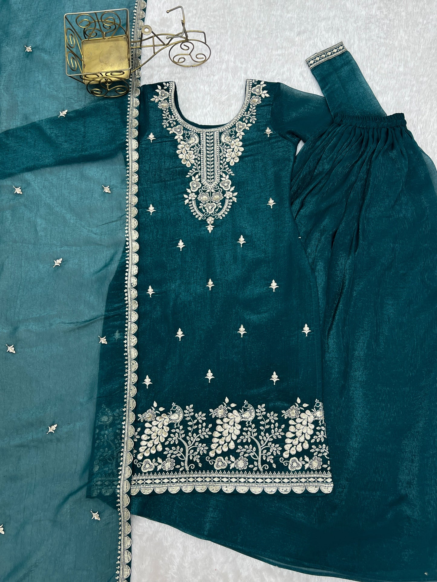 Wonderful Teal Blue Zari Work Crunchy Silk Wedding Palazzo Suit