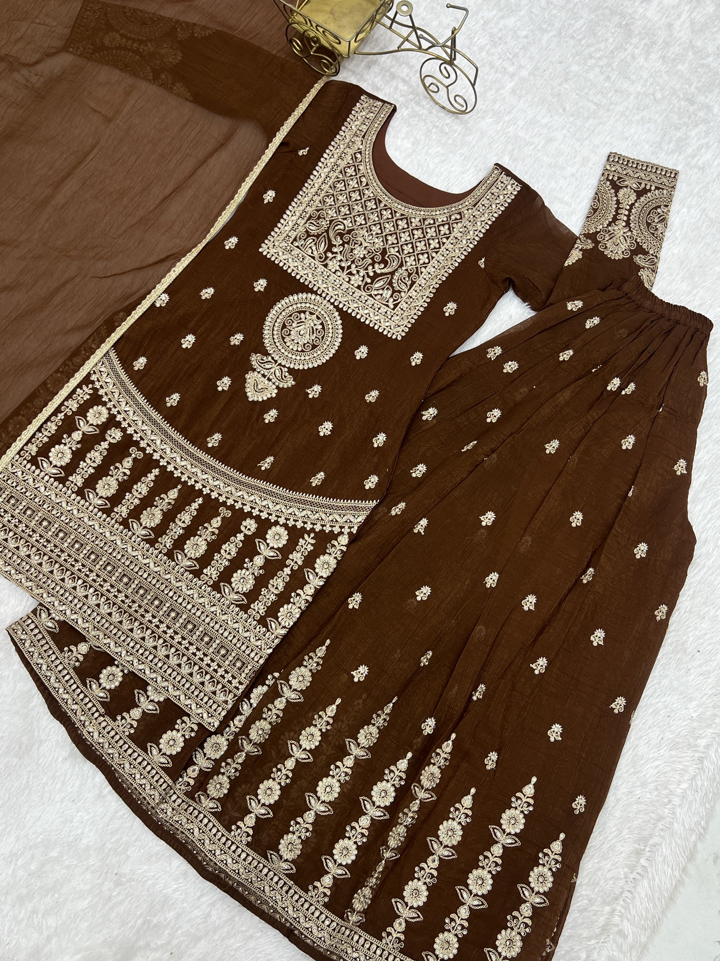 Astonishing Brown Embroidered Silk Mehndi Wear Palazzo Suit