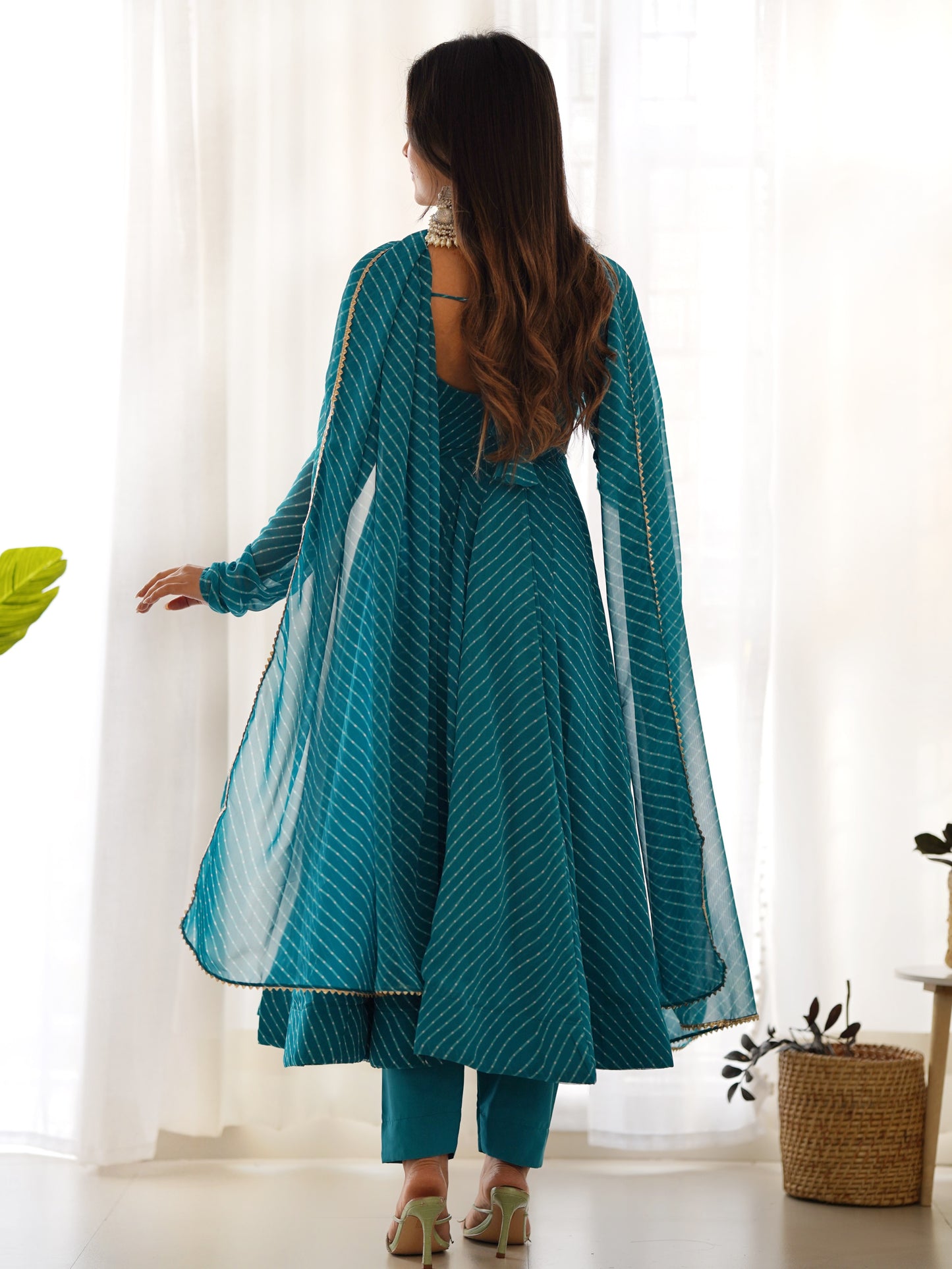 Marvelous Teal Blue Leheriya Printed Georgette Anarkali Suit