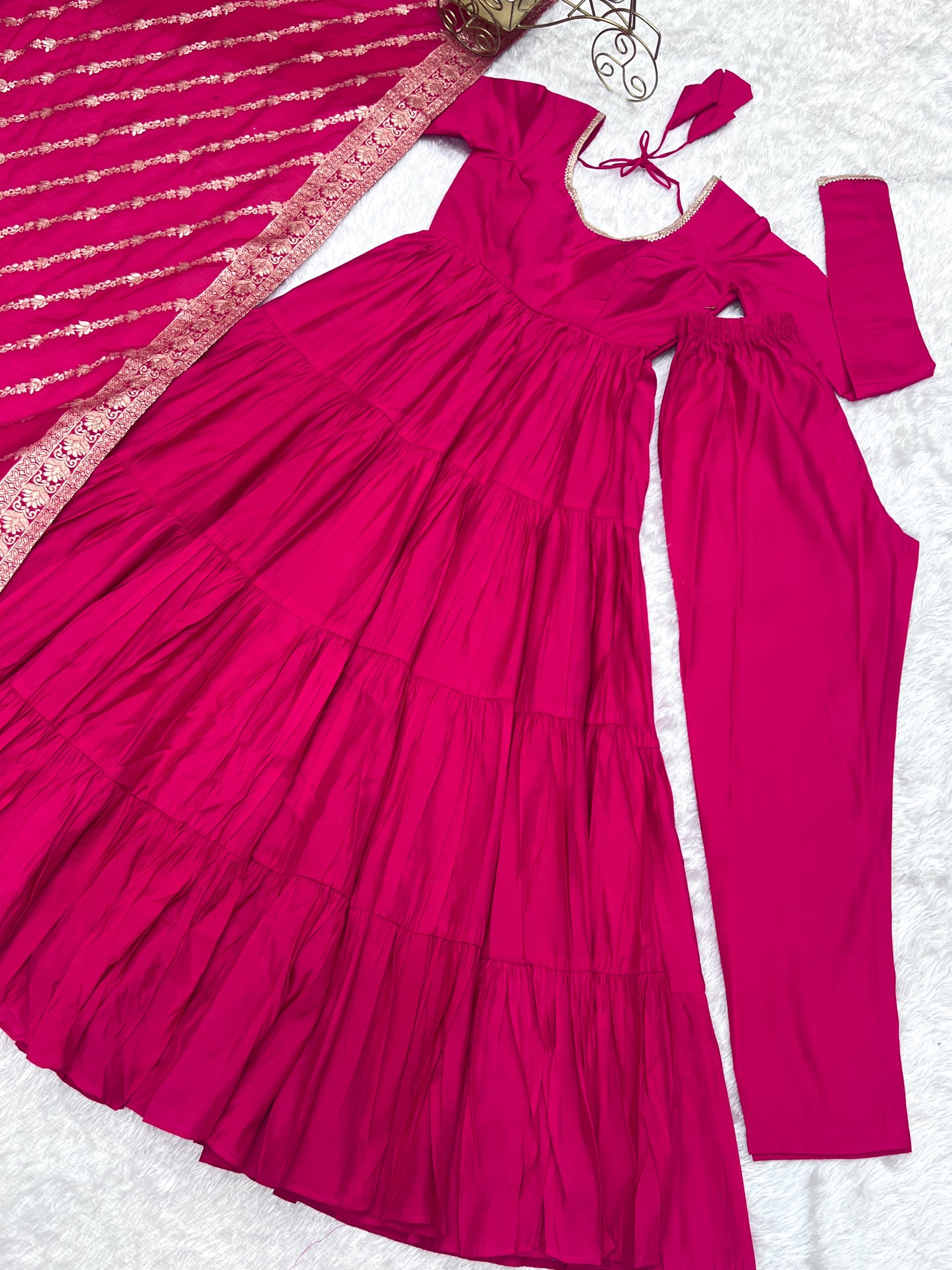 Attractive Pink Chanderi Silk Anarkali Suit With Banarasi Dupatta
