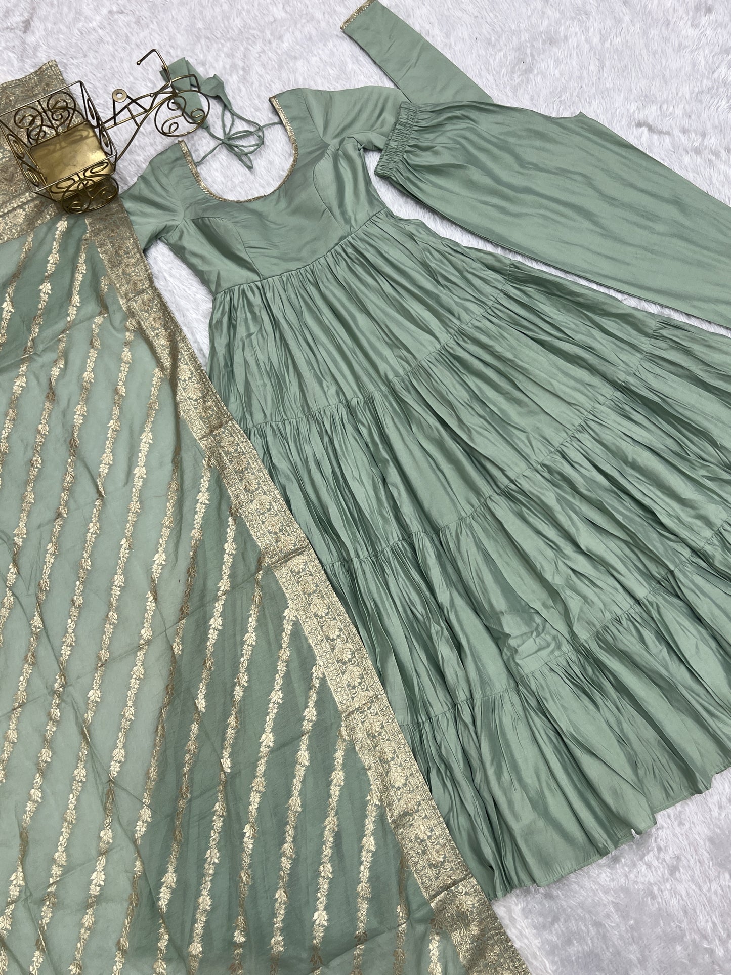 Pretty Sea Green Chanderi Silk Mehndi Wear Anarkali Suit