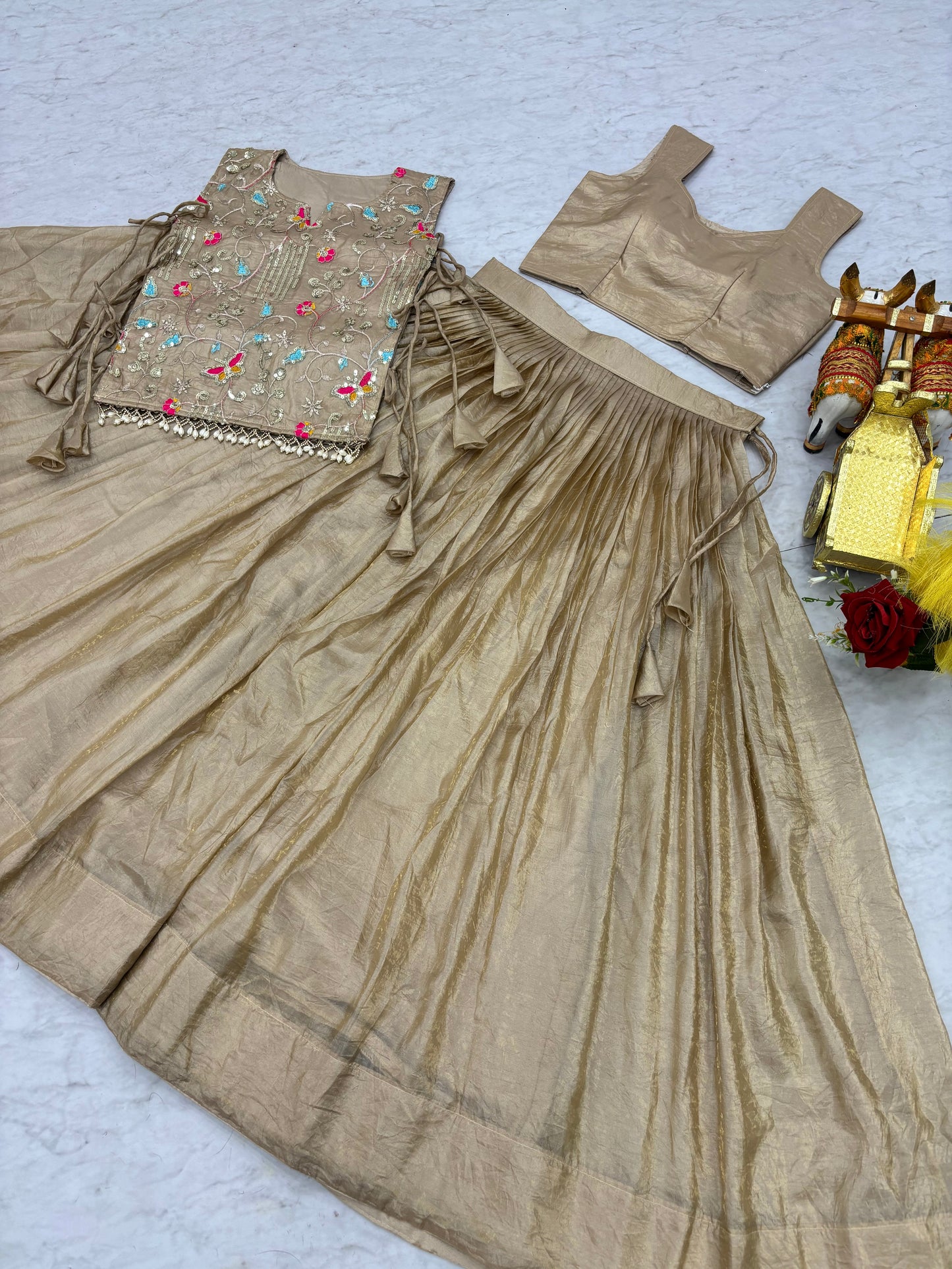 Fantastic Beige Crush Party Wear Crop top Lehenga With Jacket