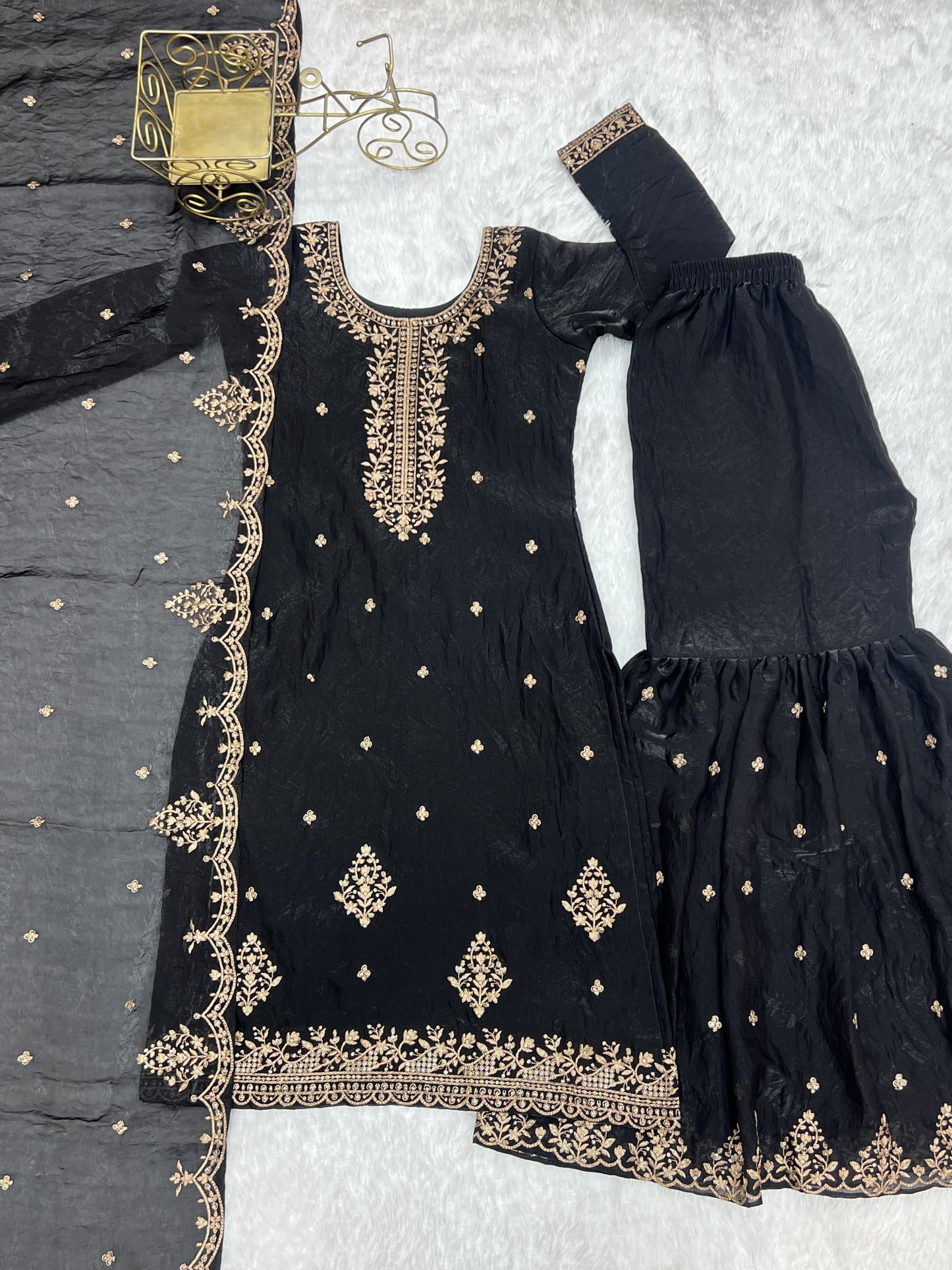 Wonderful Black Zari Embroidered Silk Reception Sharara Suit