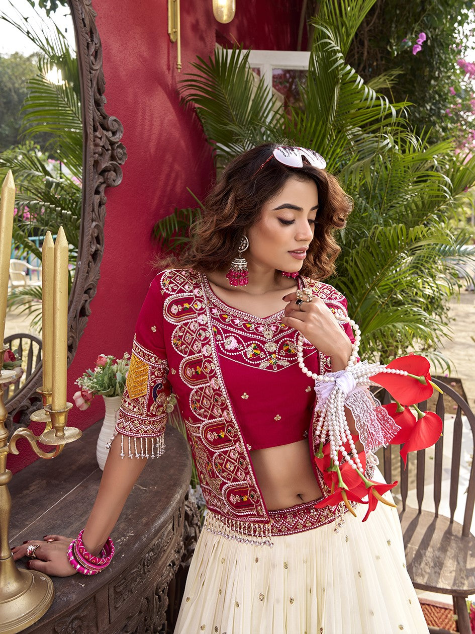 Amazing Off-White Thread Work Silk Lehenga Choli With Jacket
