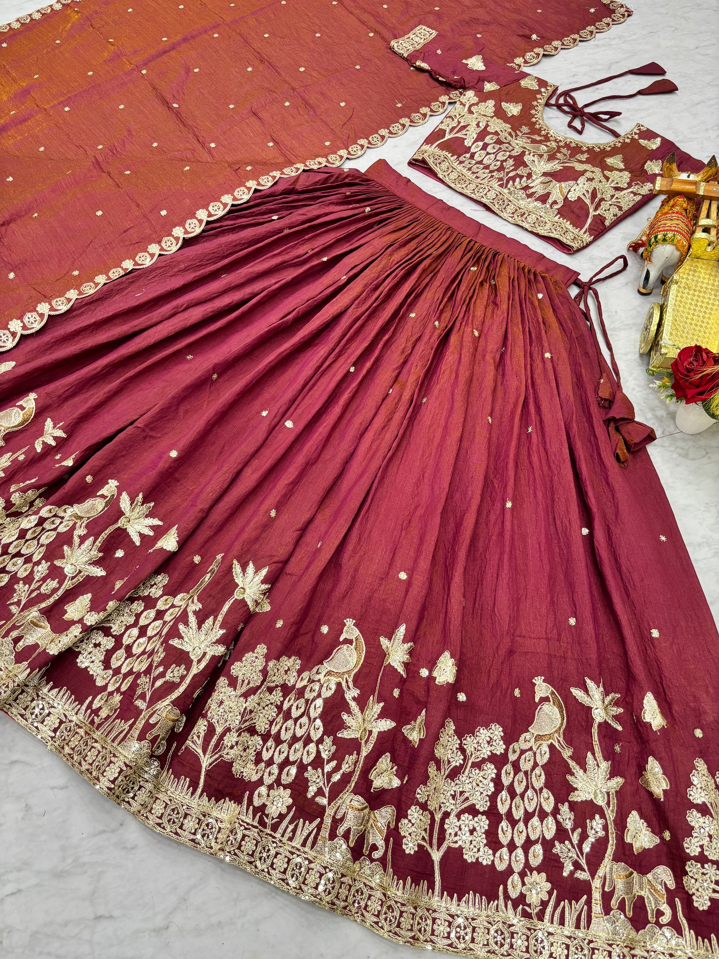 Alluring Coral Red Embroidered Silk Engagement Lehenga Choli