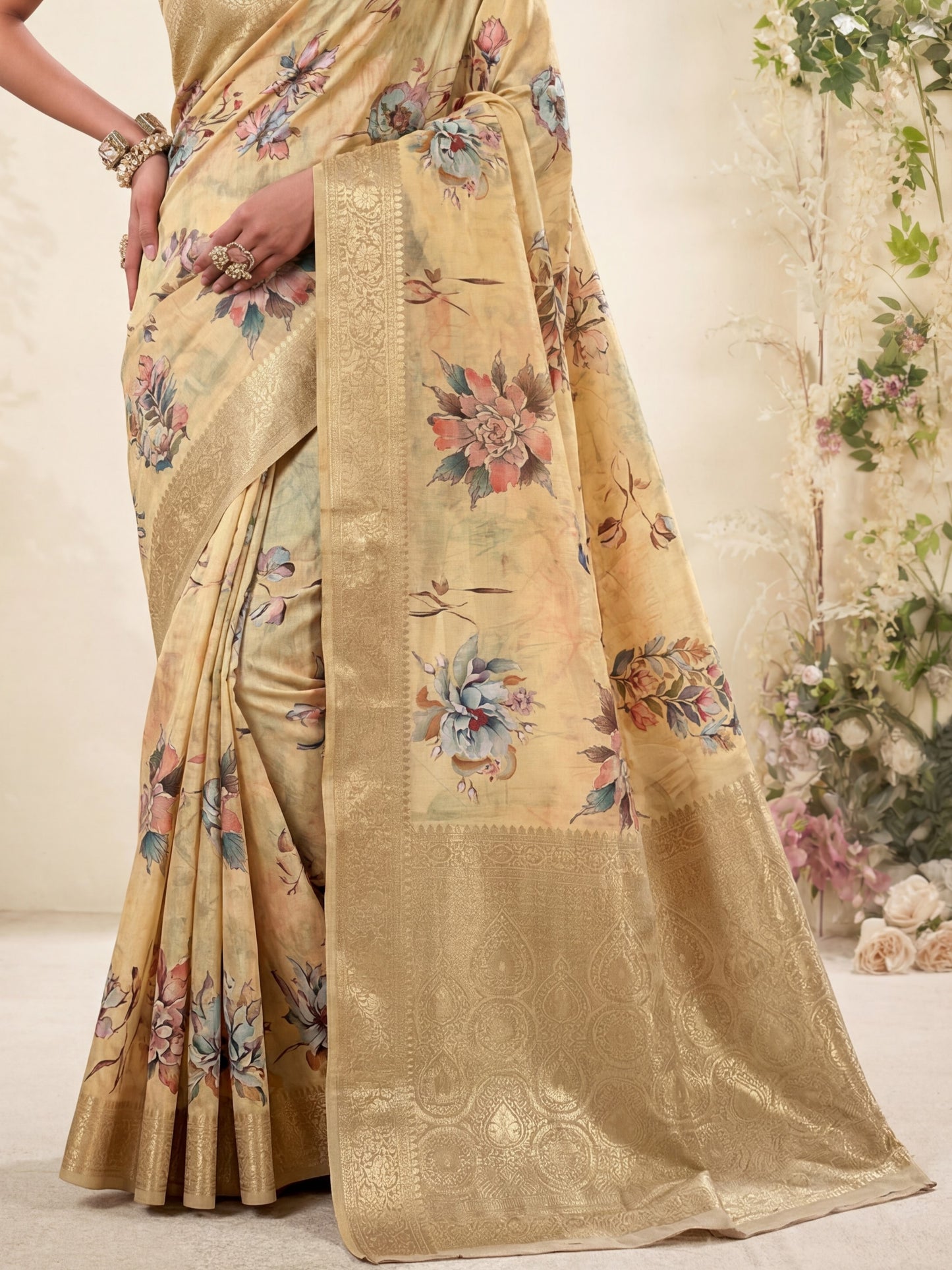 Astonishing Yellow Floral Printed Silk Haldi Wear Saree