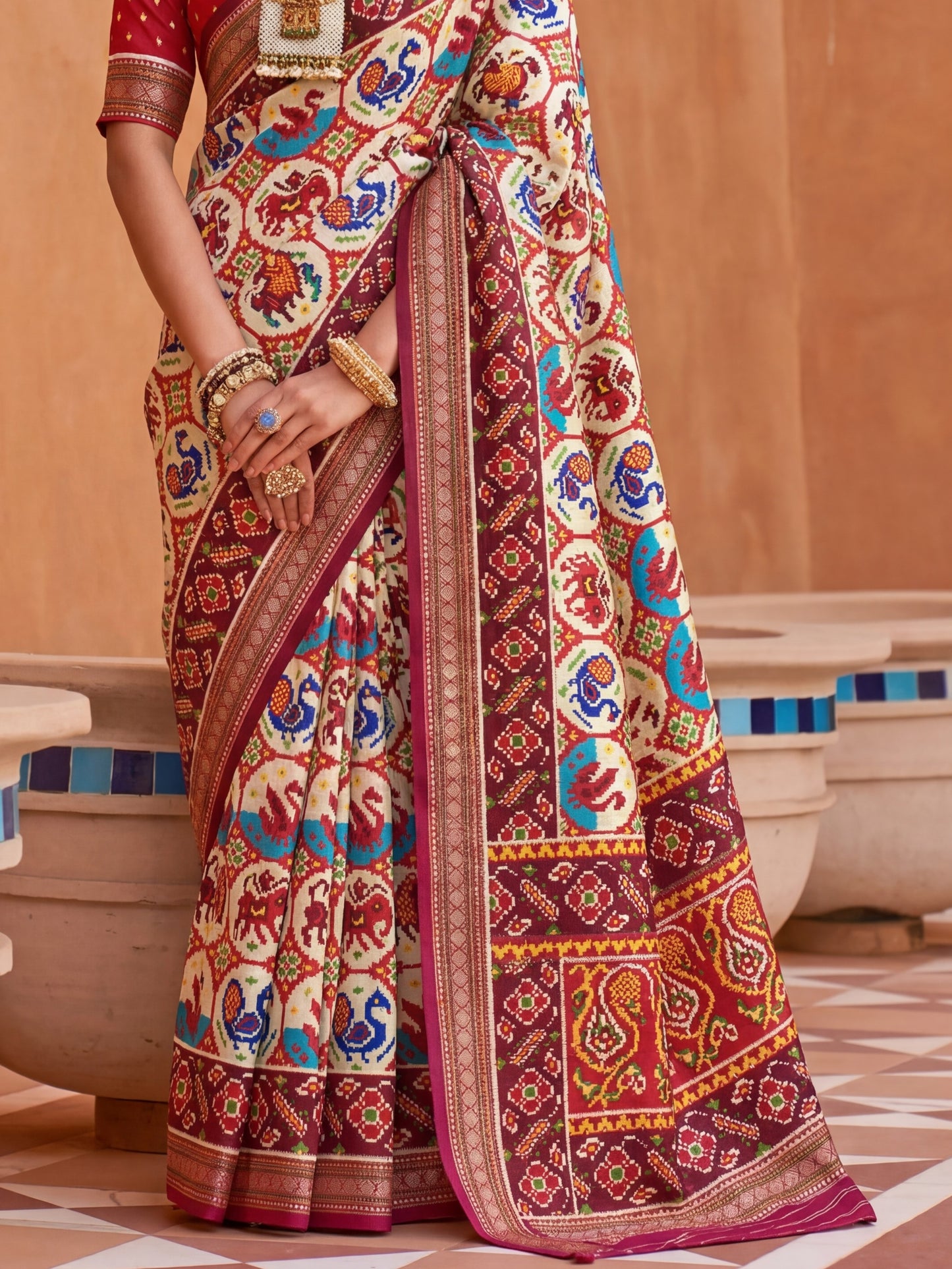 Marvelous White Patola Printed Silk Traditional Saree