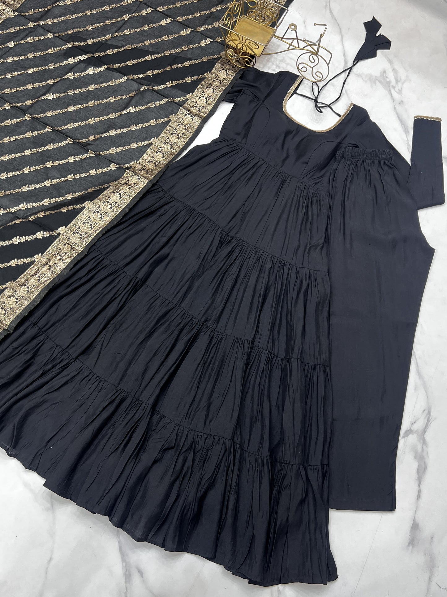 Excellent Black Silk Party Wear Anarkali Suit With Banarasi Dupatta