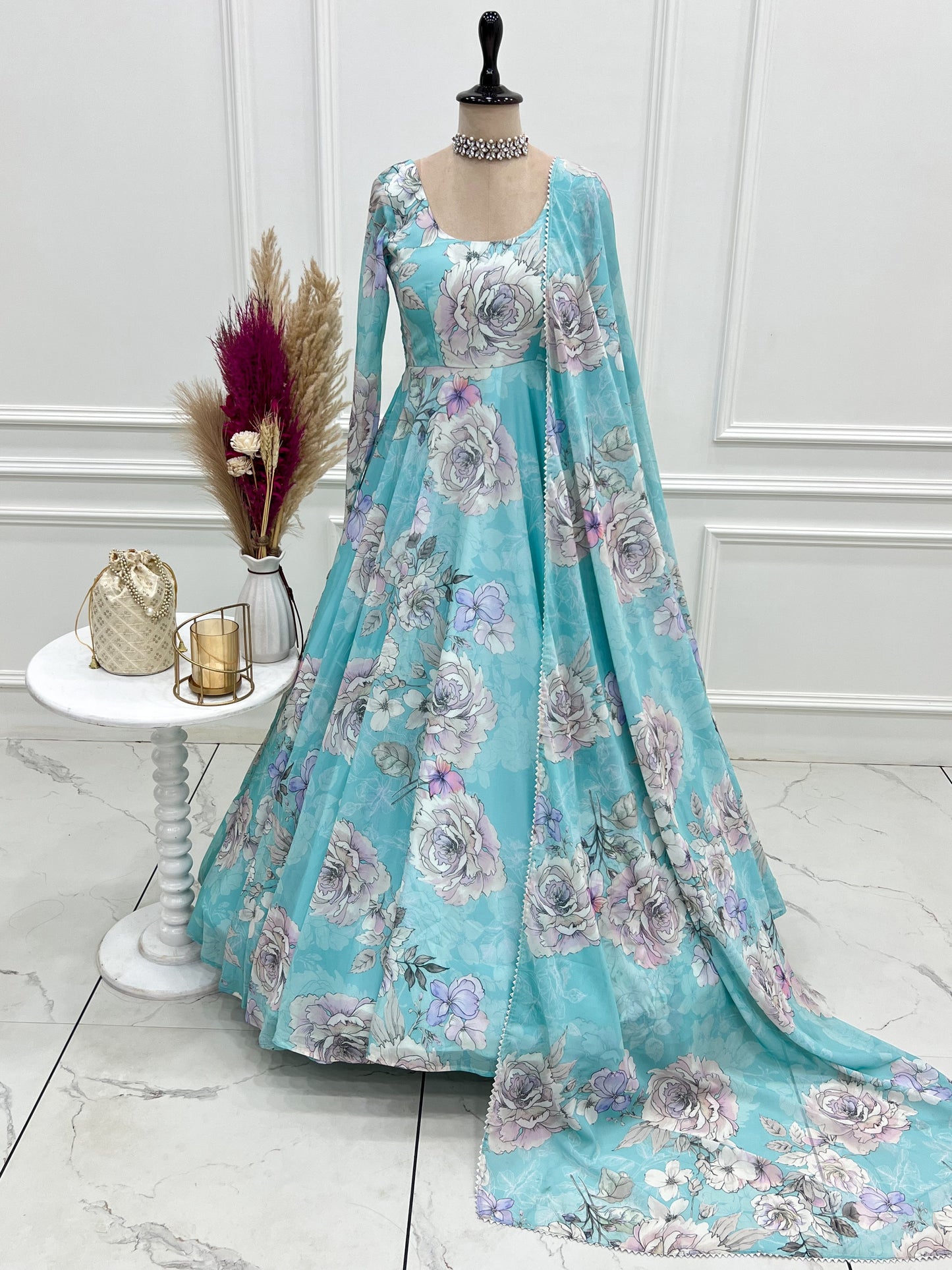 Dreamy Sky-Blue Floral Printed Georgette Designer Gown