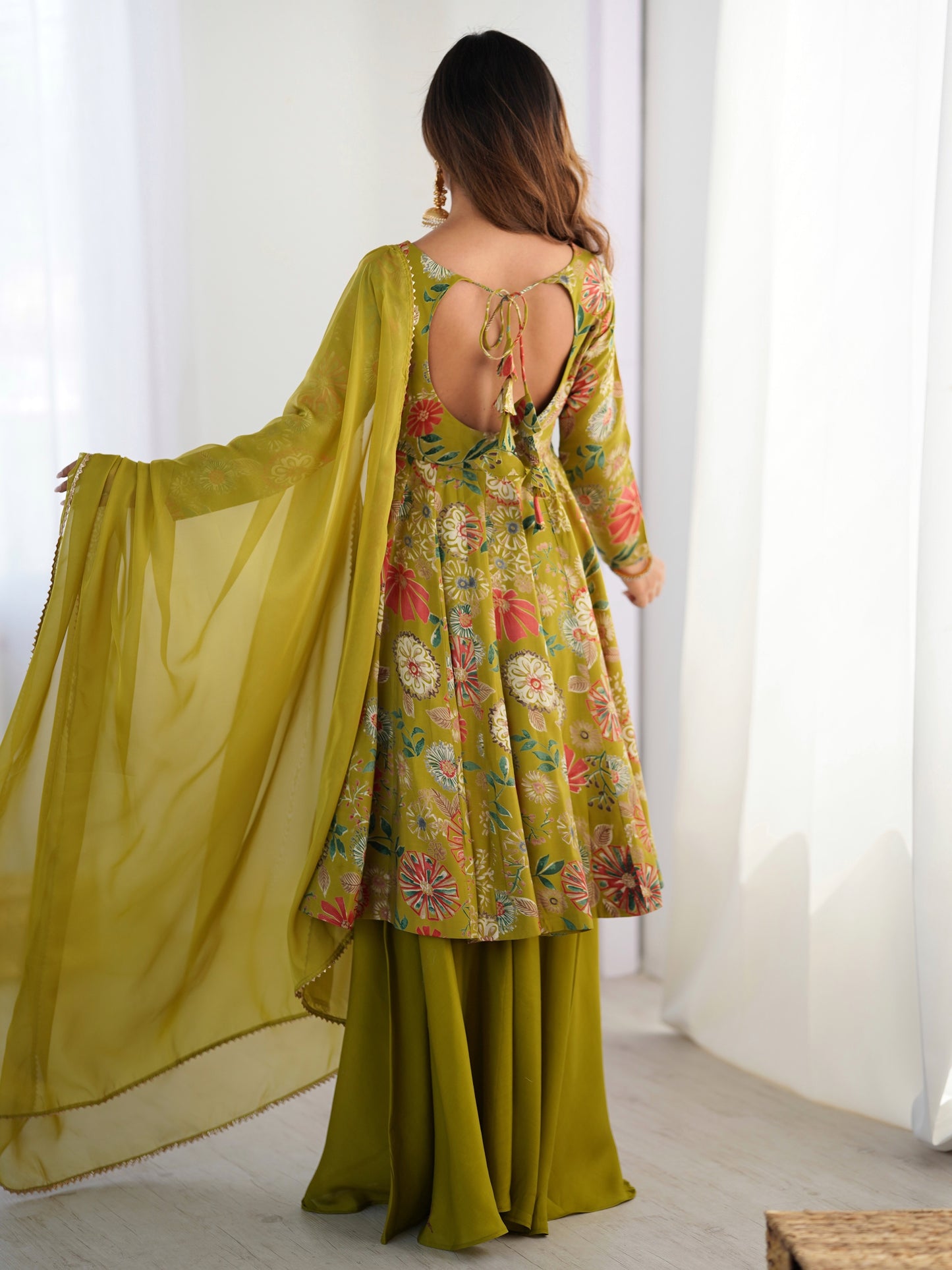 Marvelous Green Floral Printed Silk Mehndi Wear Palazzo Suit
