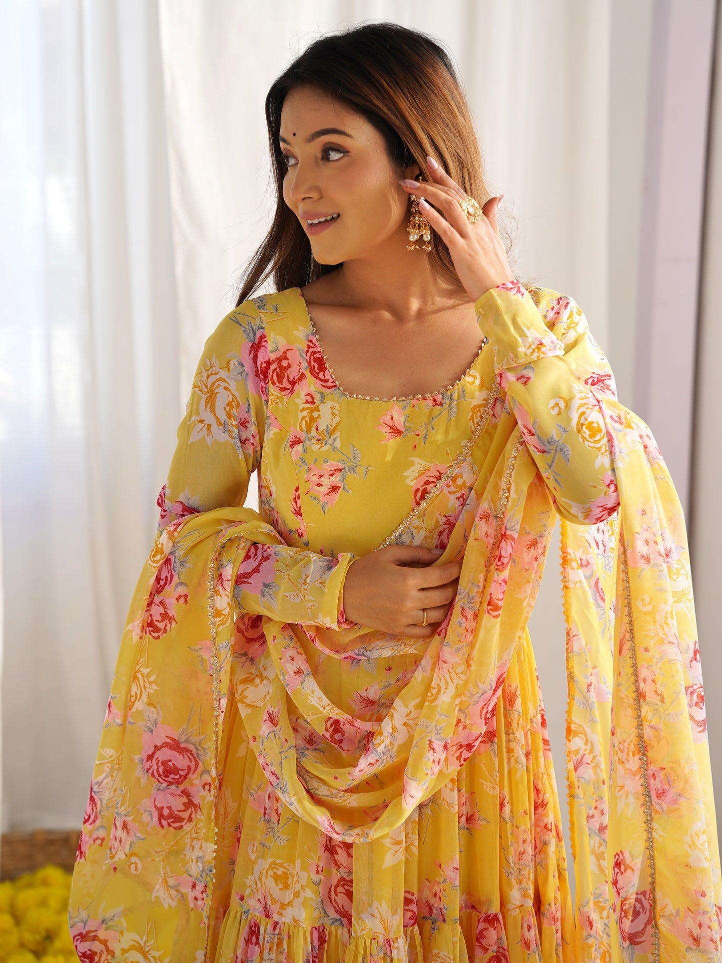 Charming Yellow Floral Printed Georgette Haldi Wear Gown