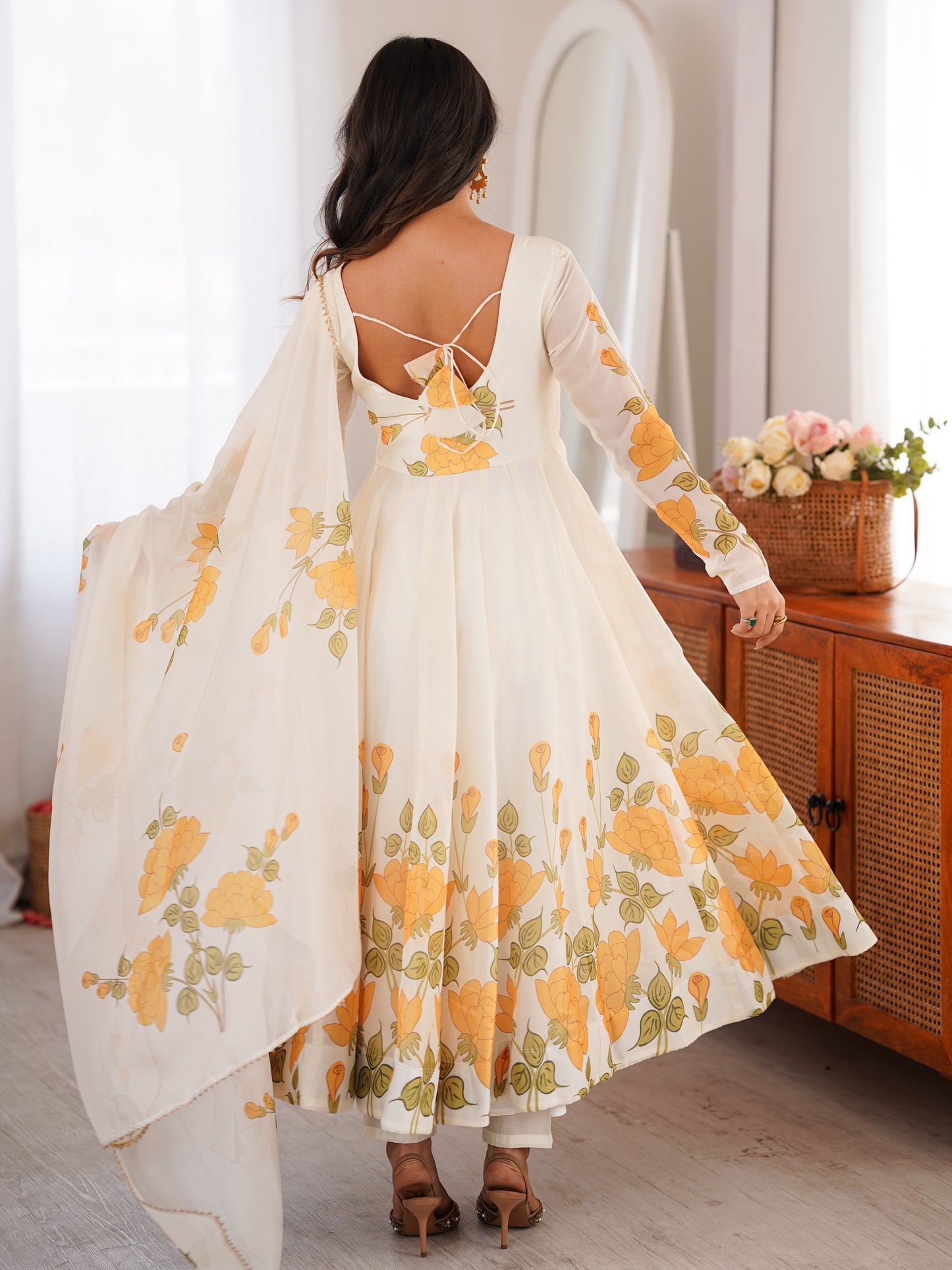 Adorable Off-White Floral Printed Organza Festival Anarkali Suit
