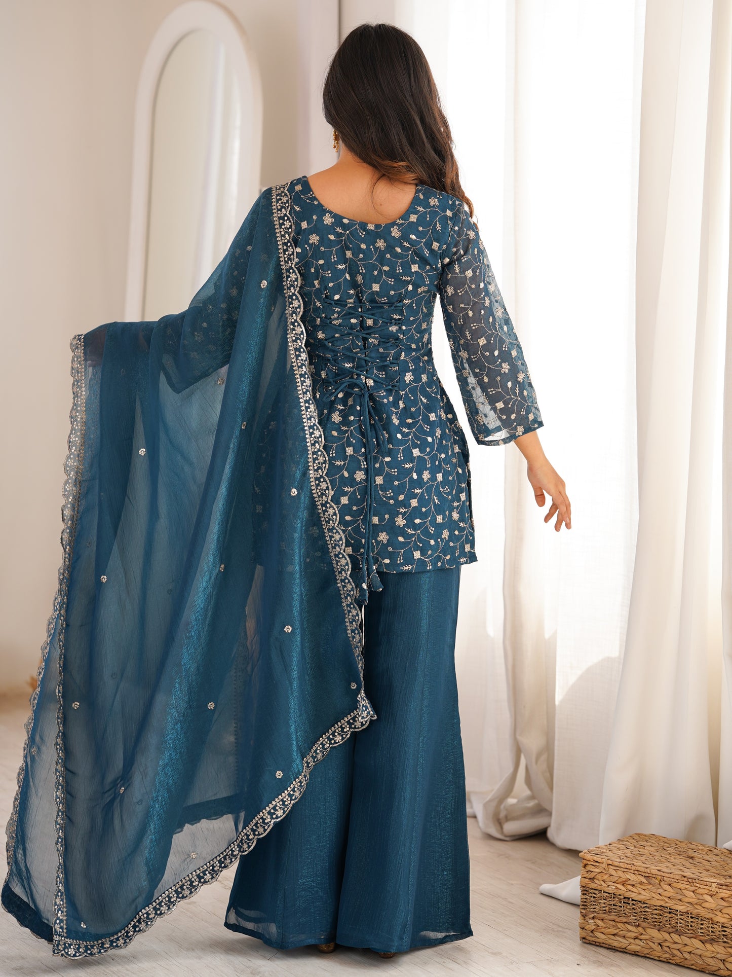 Enchanting Blue Embroidered Crunchy Silk Sangeet Wear Pant Suit