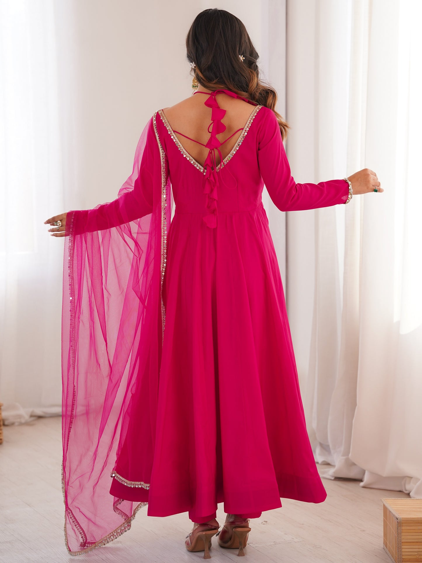 Glamorous Pink Plain Roman Silk Festive Anarkali Suit