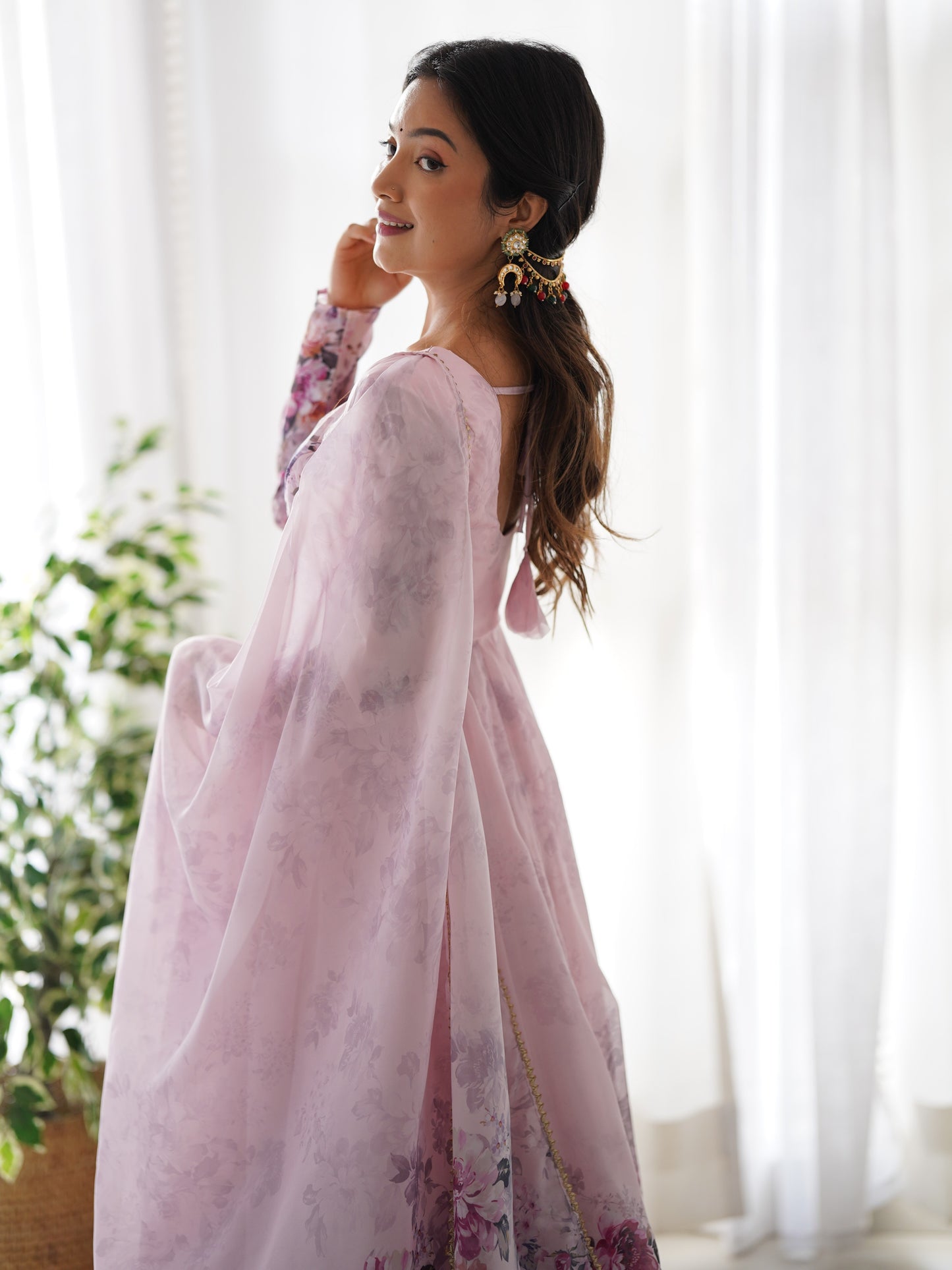 Marvelous Baby Pink floral Printed Organza Anarkali Suit