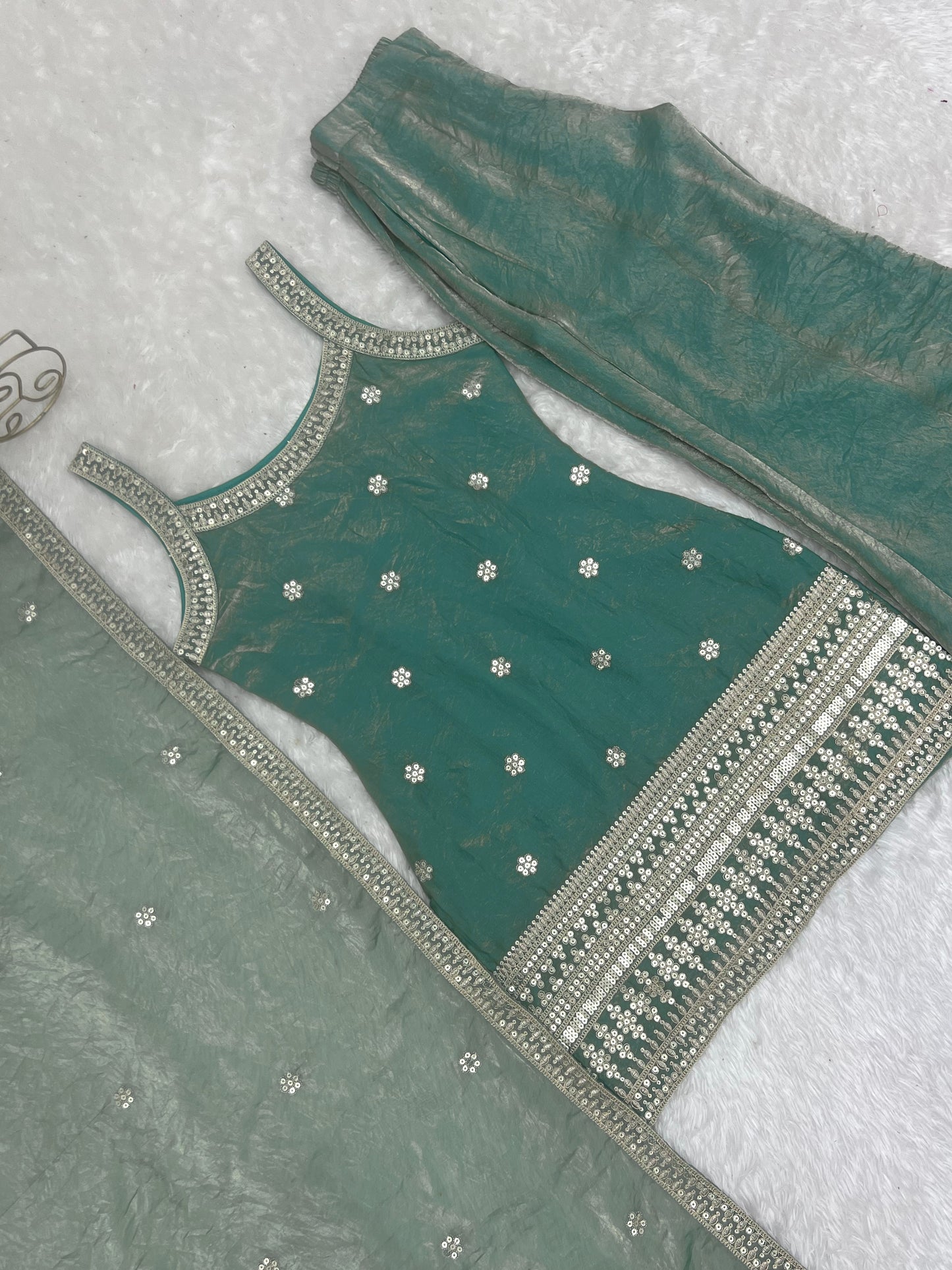 Gorgeous Sea Green Embroidery Silk Engagement Palazzo Suit