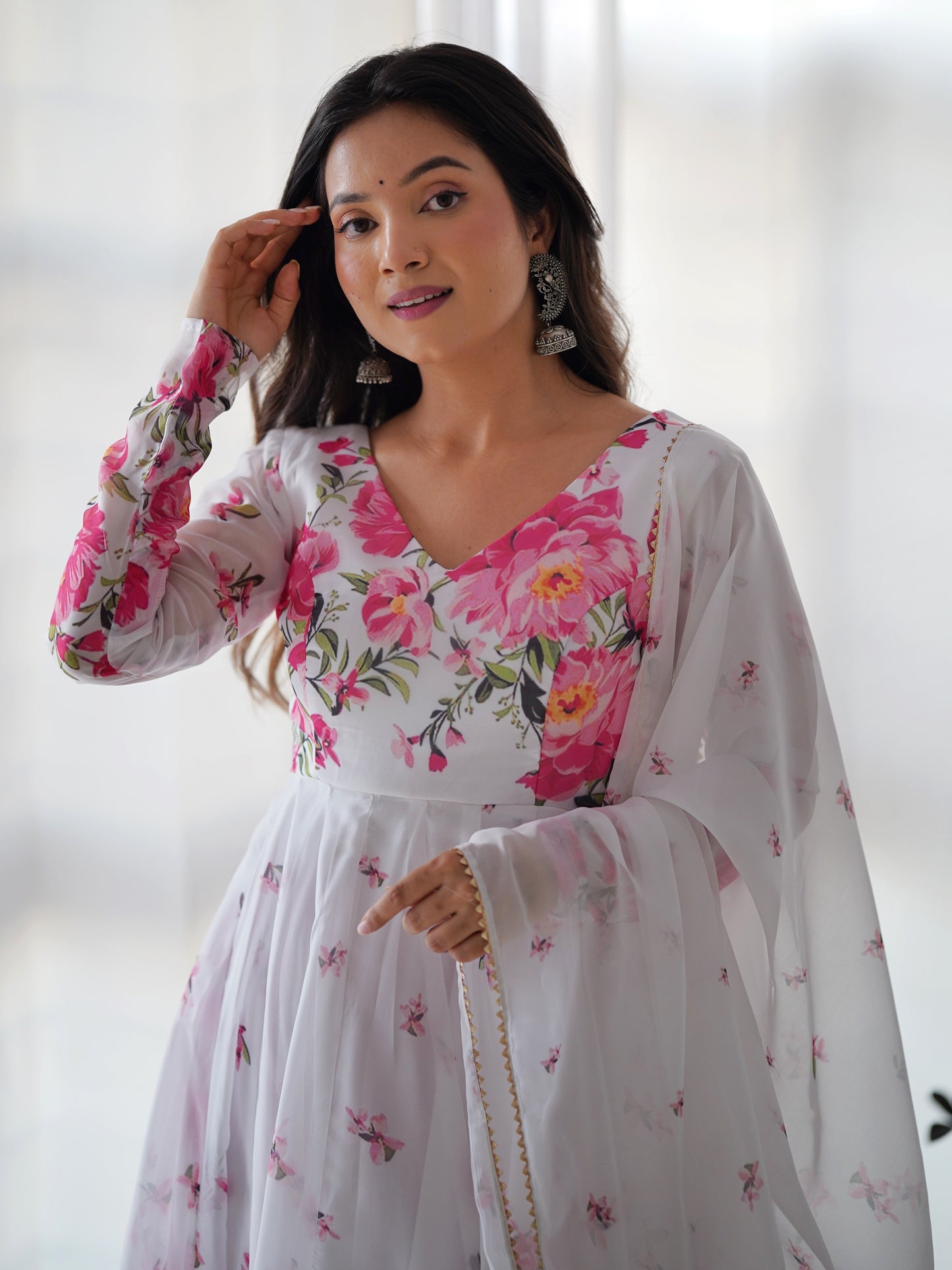Impressive White Floral Printed Organza Festive Anarkali Suit