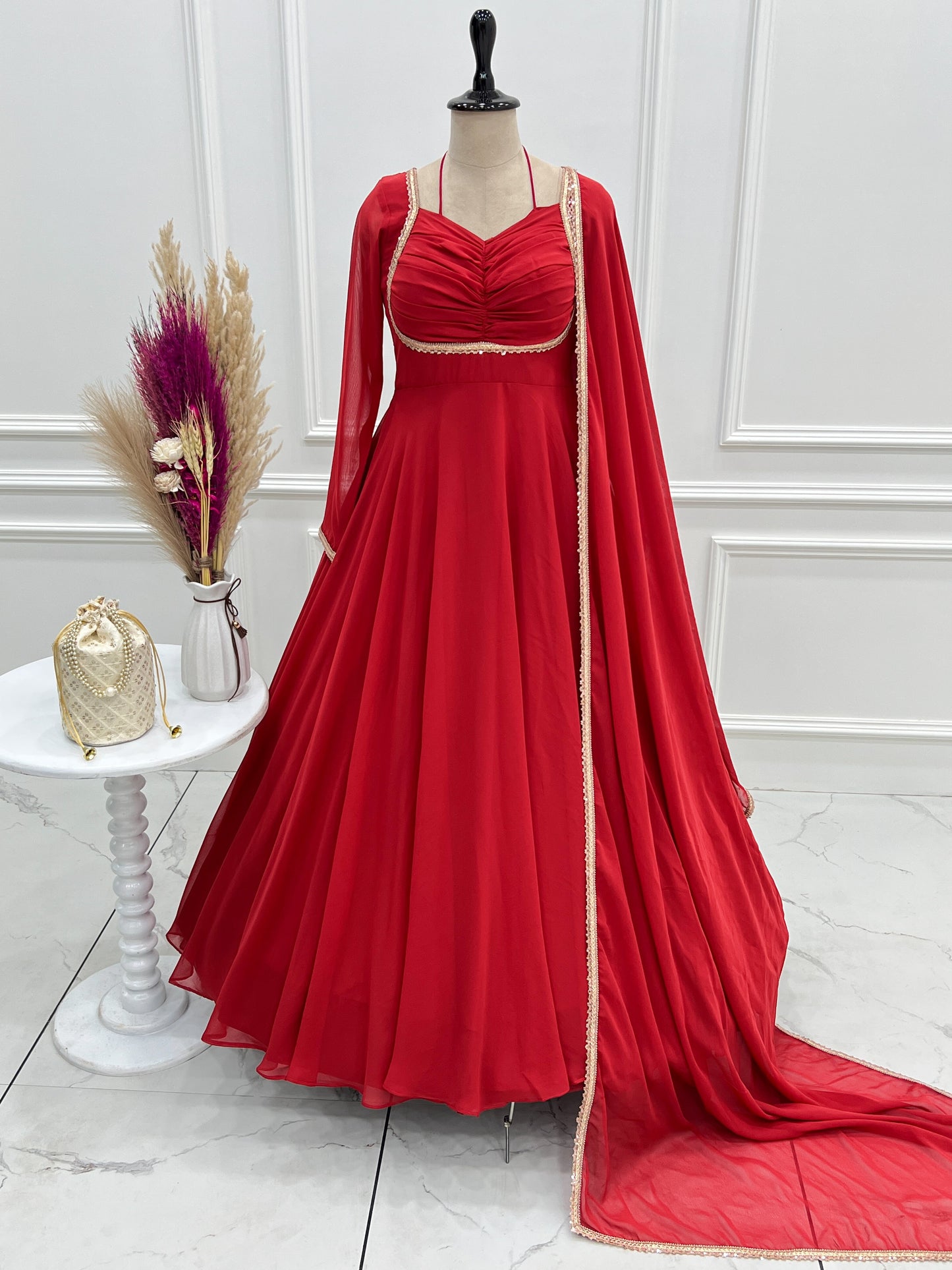 Eye-catchy Red Plain Georgette Wedding Wear Gown