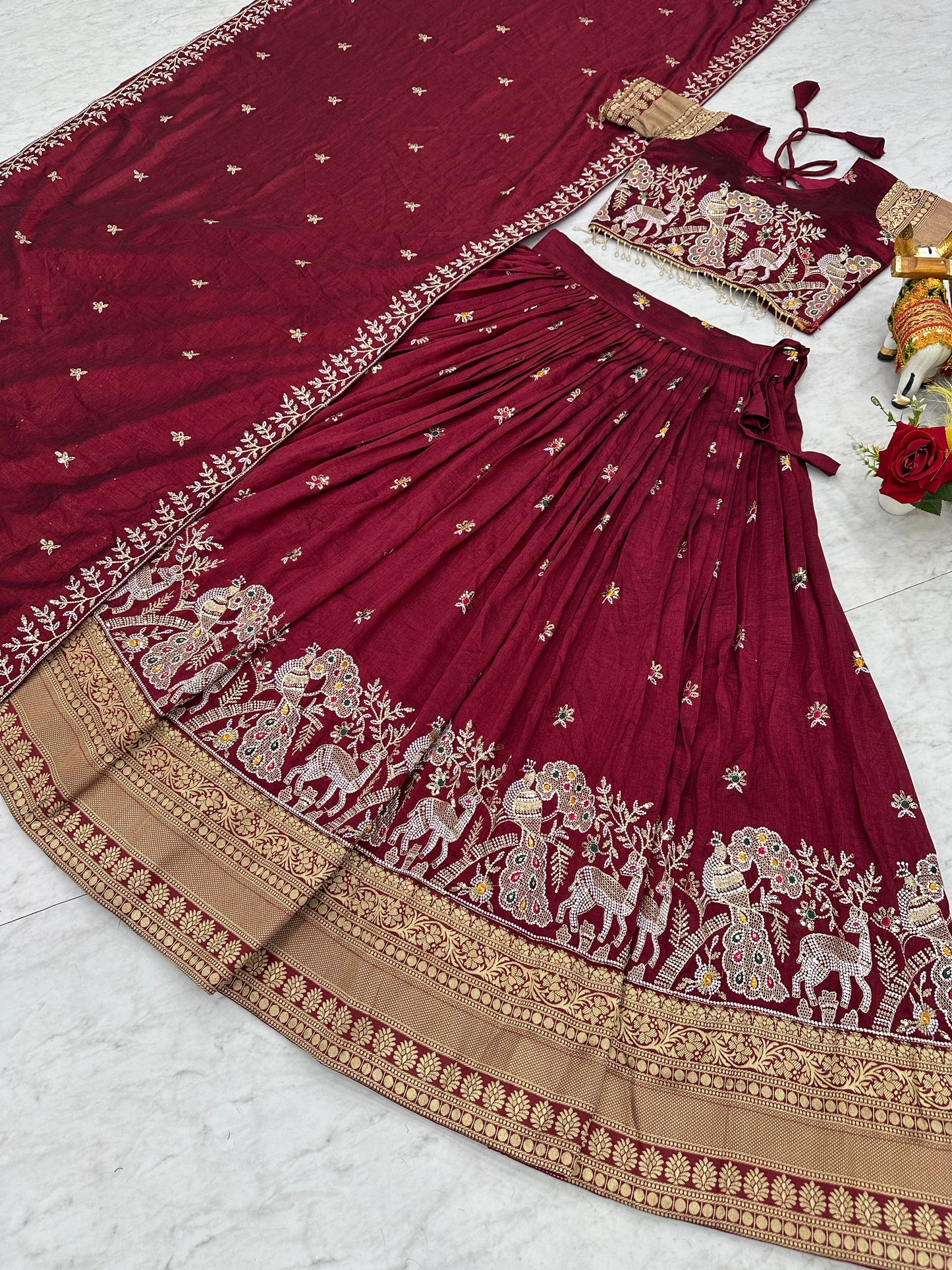 Gorgeous Maroon Zari Work Silk Reception Lehenga Choli