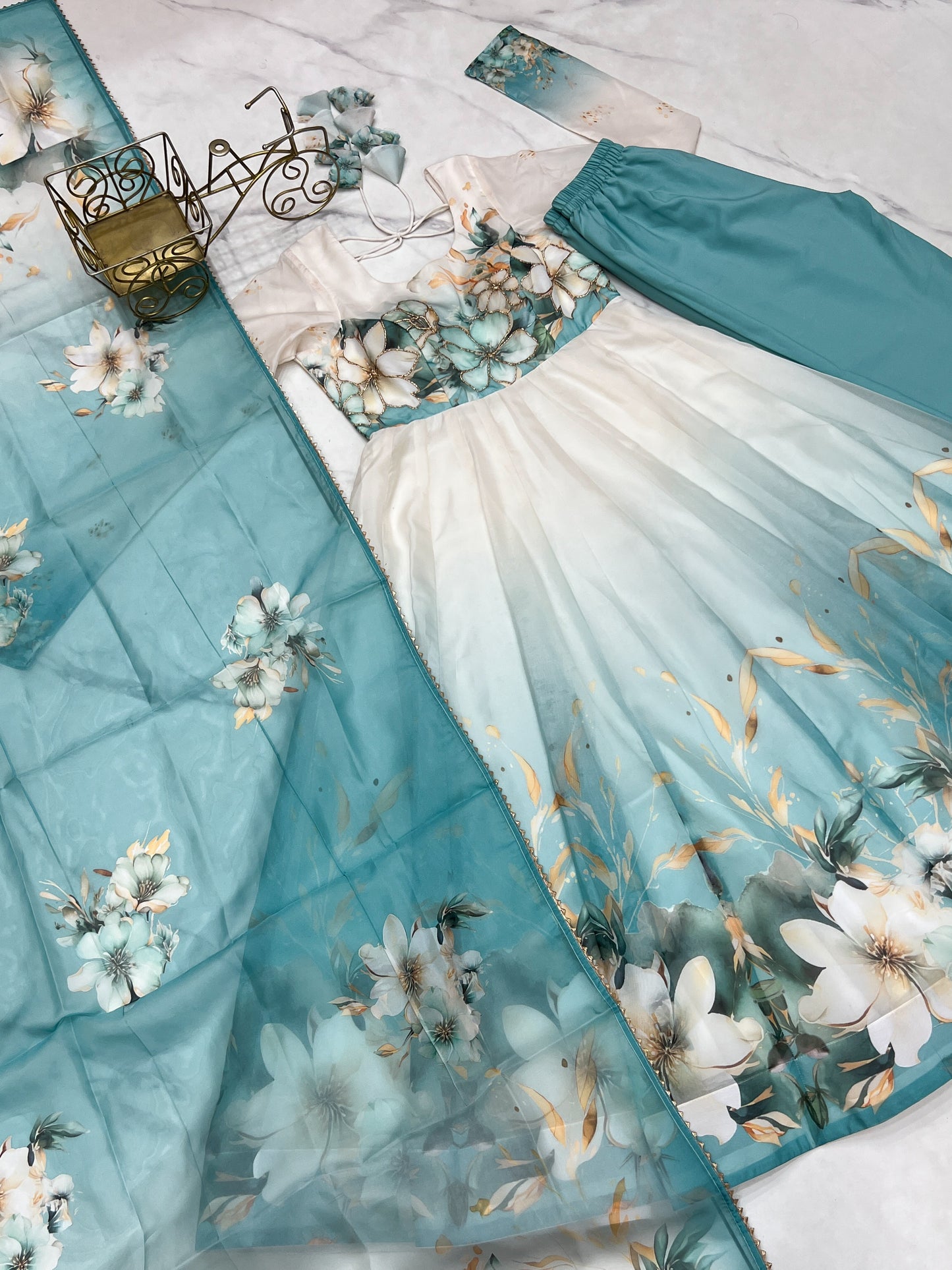 Sky-Blue Floral Printed Organza Engagement Anarkali Suit
