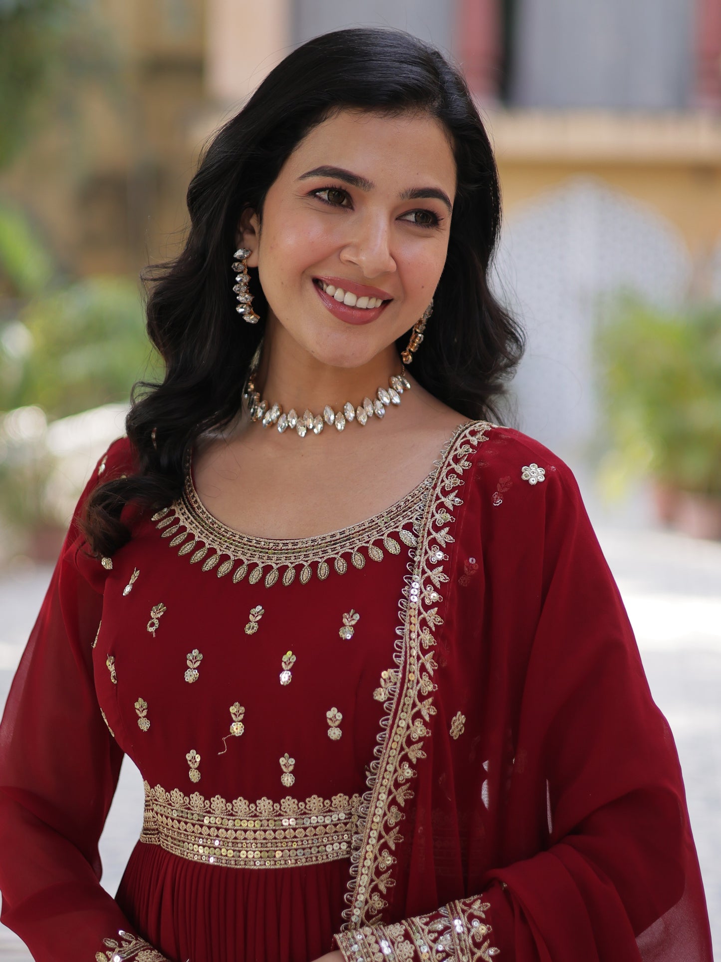 Outstanding Maroon Zari Work Georgette Festive Gown
