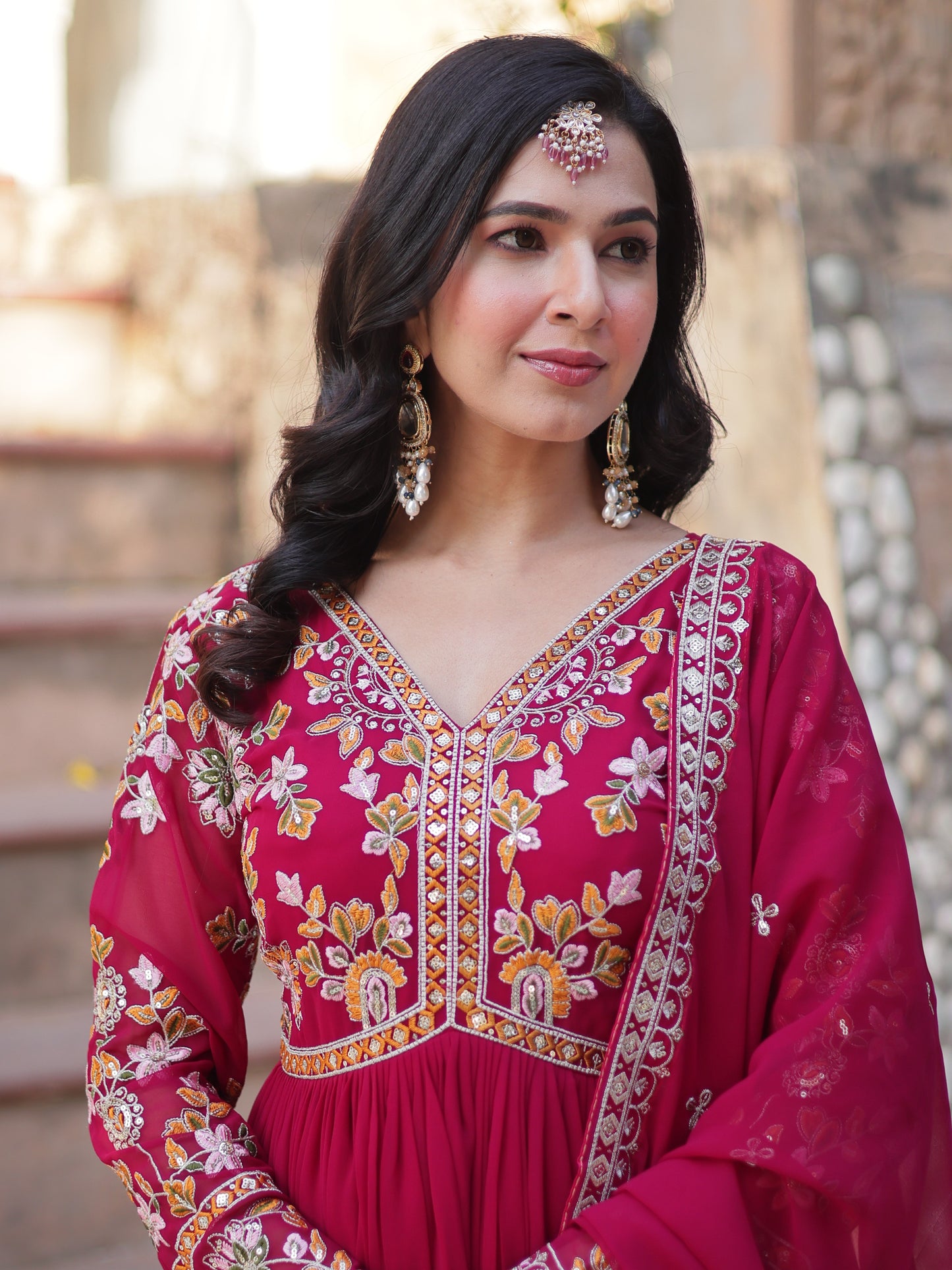 Marvelous Dark Pink Zari Work Georgette Reception Gown
