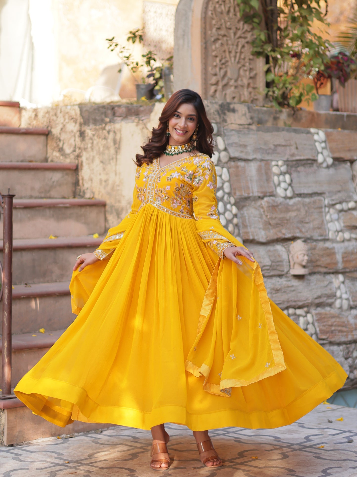 Captivating Yellow Embroidered Georgette Haldi Wear Gown
