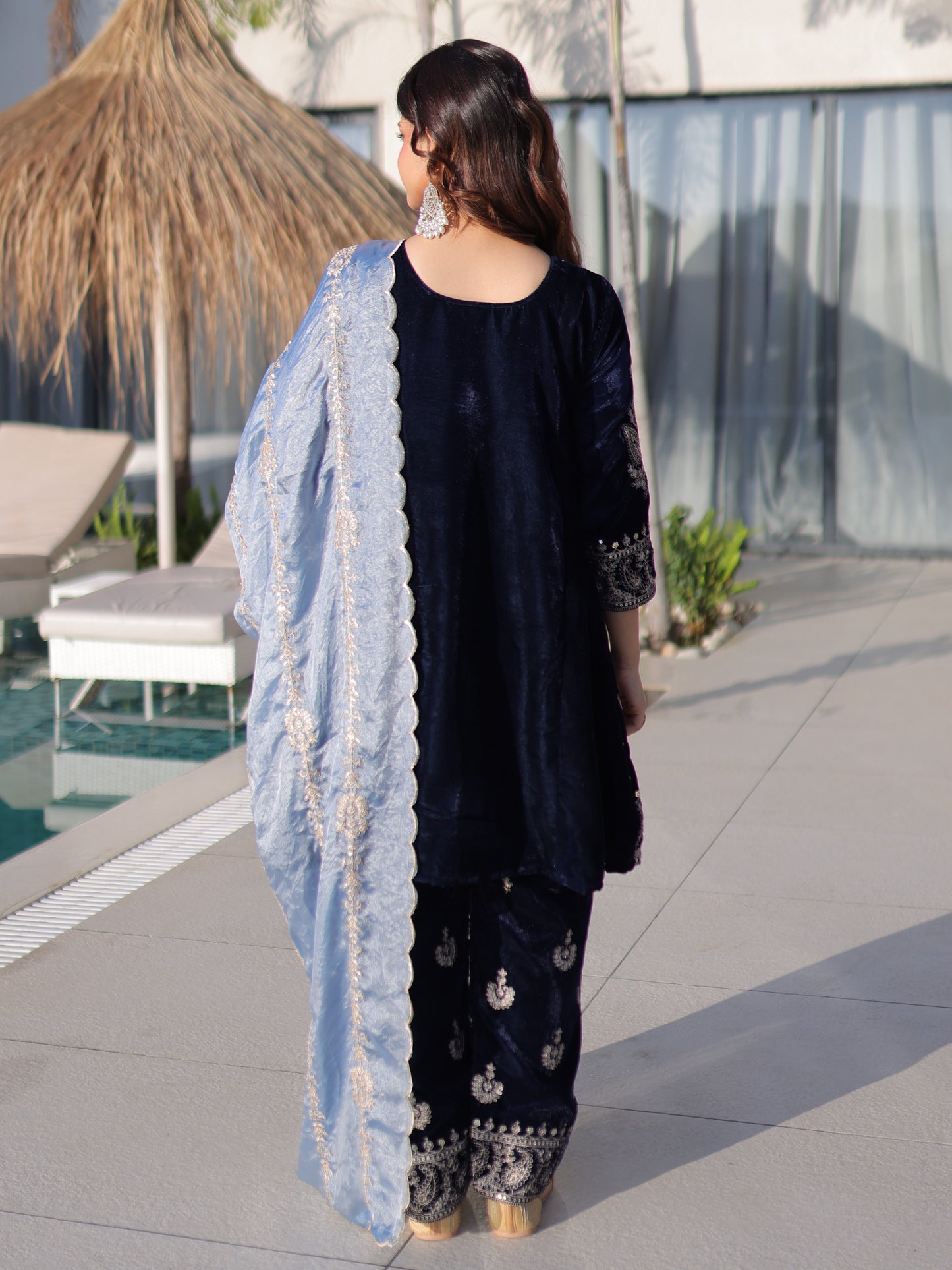 Outstanding Navy Blue Embroidered Velvet Engagement Pant Suit