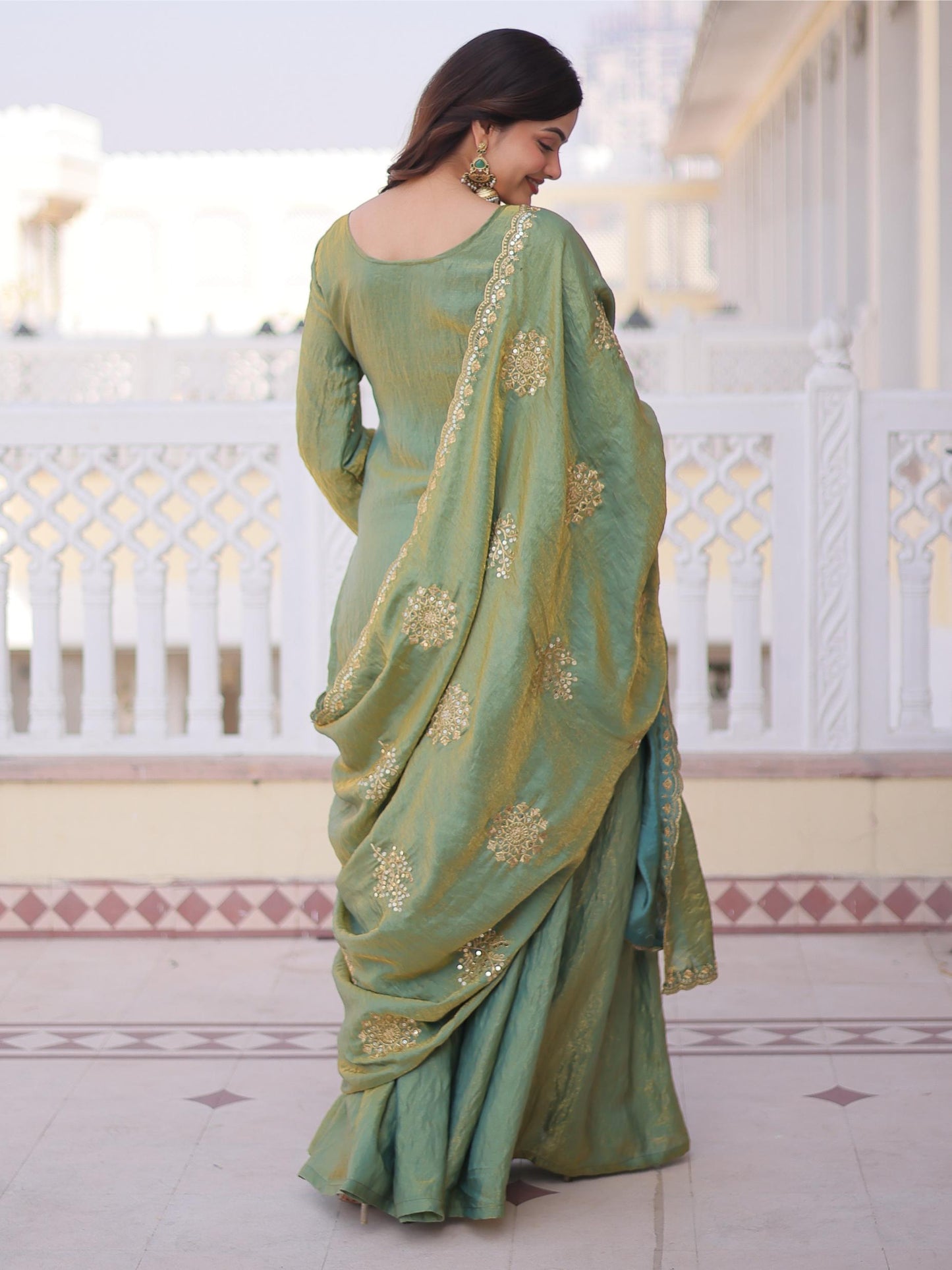 Desirable Green Zari Work Crushed Silk Mehndi Wear Palazzo Suit