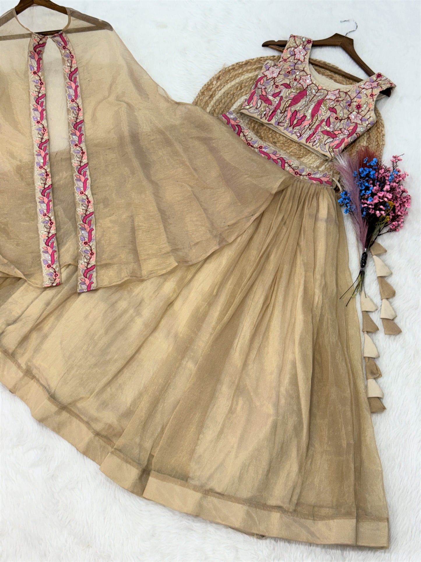 Stylish Cream Embroidered Silk Engagement Crop Top Lehenga