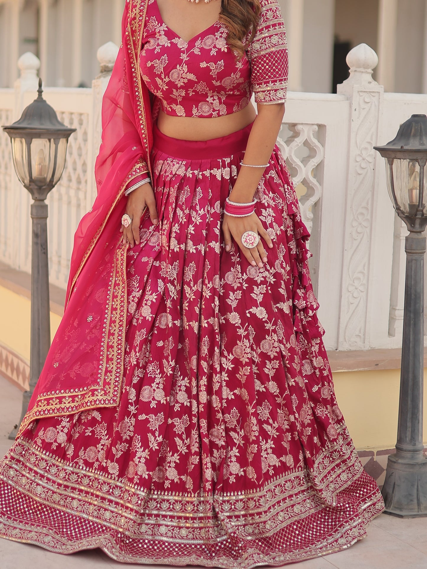 Lavishing Pink Embroidered Jacquard Engagement Lehenga Choli