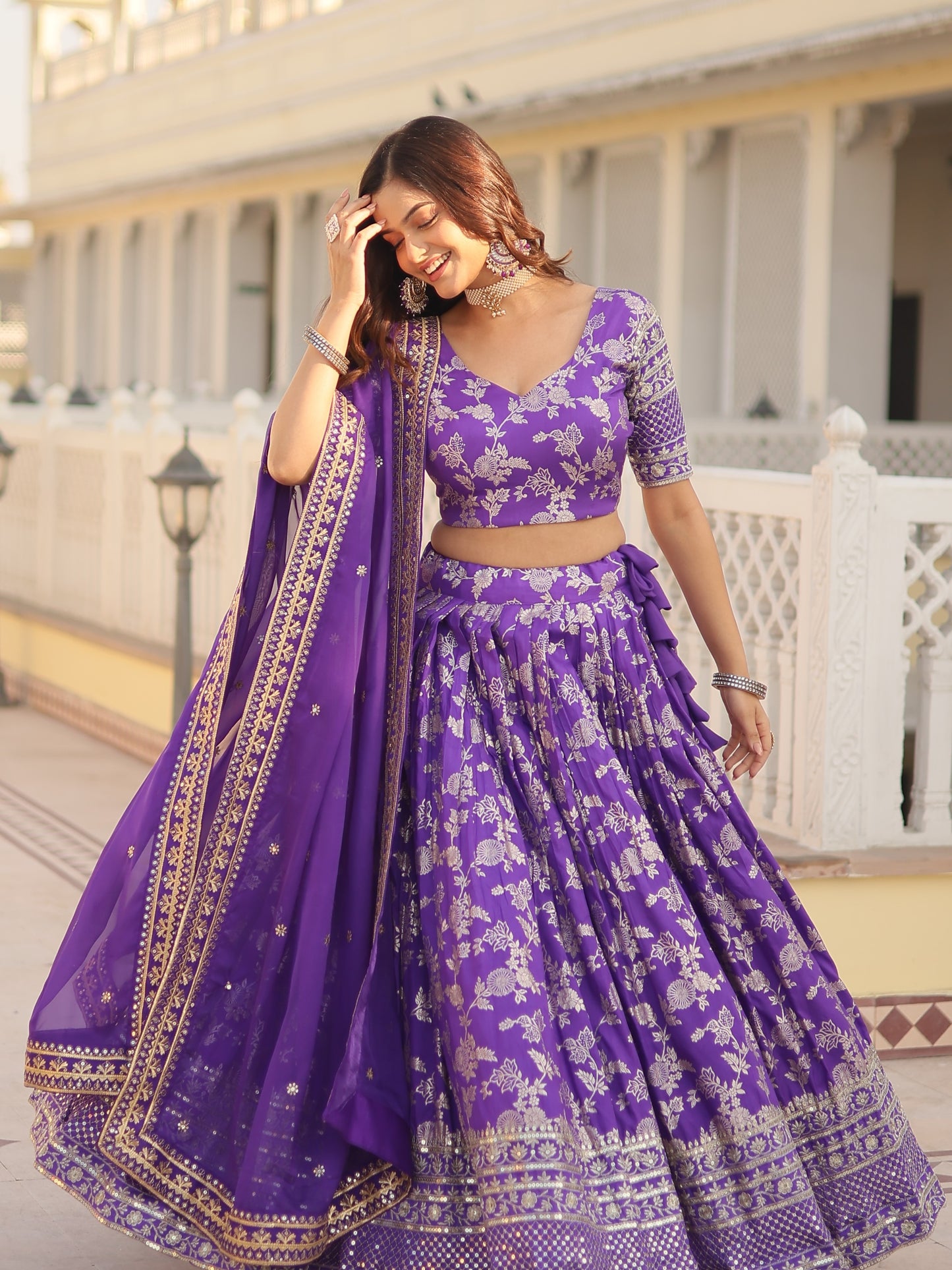 Mesmerizing Purple Embroidered Jacquard Bridesmaid Lehenga Choli