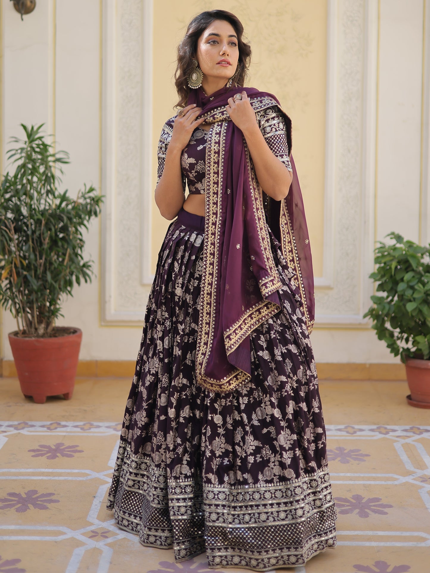 Fascinating Wine Zari Work Jacquard Sangeet Lehenga Choli