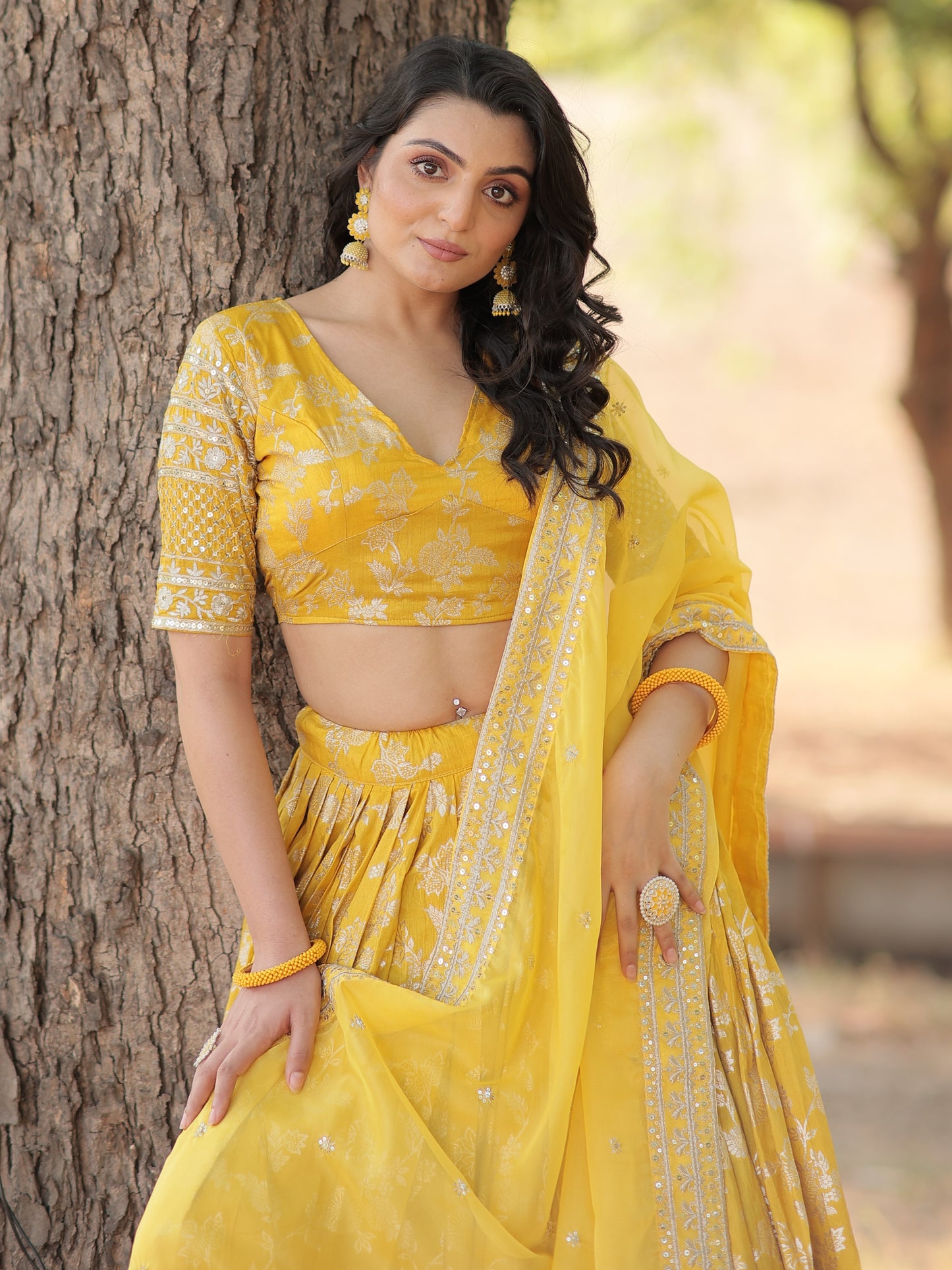 Tantalizing Yellow Zari Work Jacquard Haldi Wear Lehenga Choli