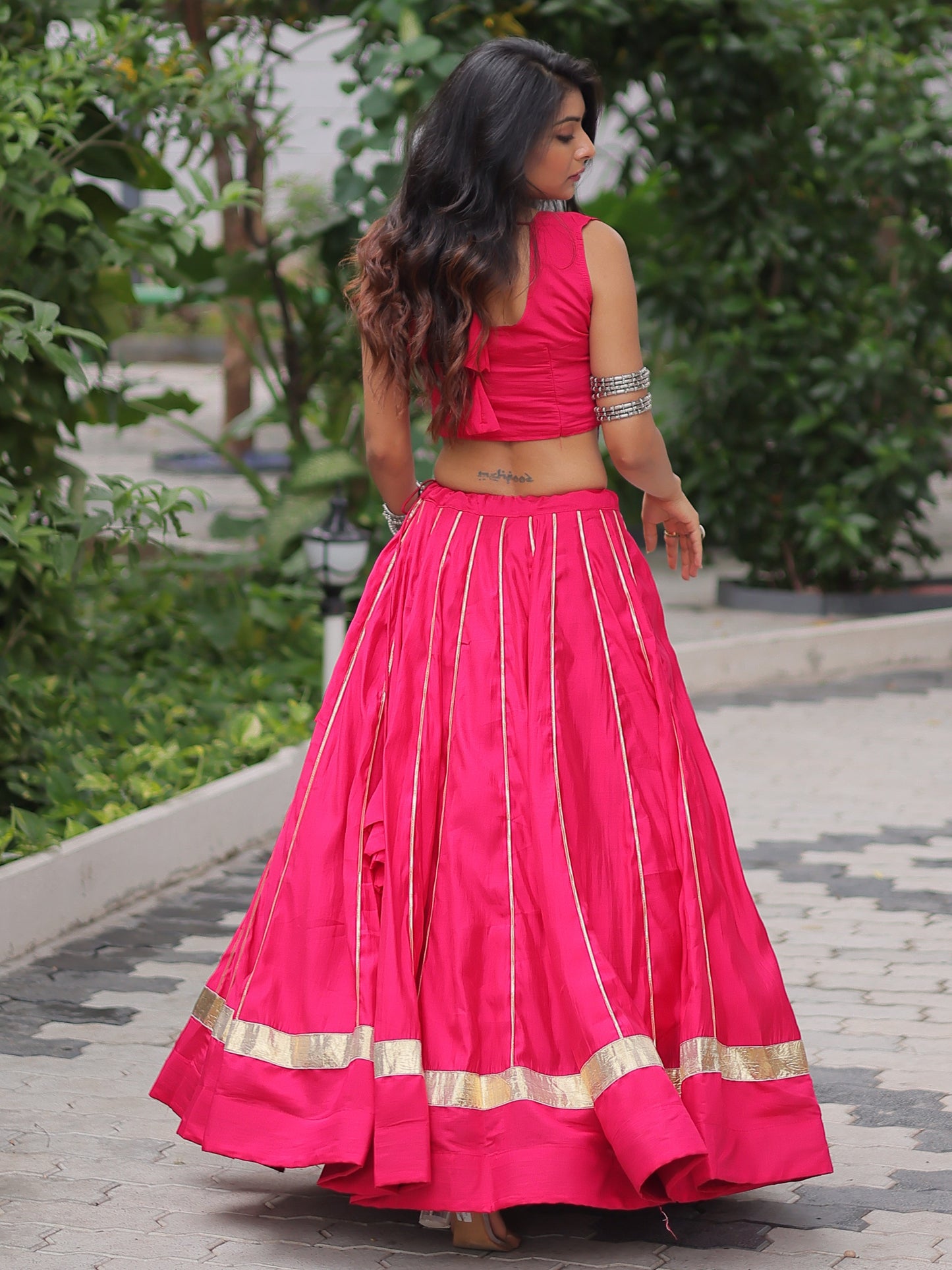 Spectacular Pink Gota Patti Work Silk Navratri Crop Top Lehenga