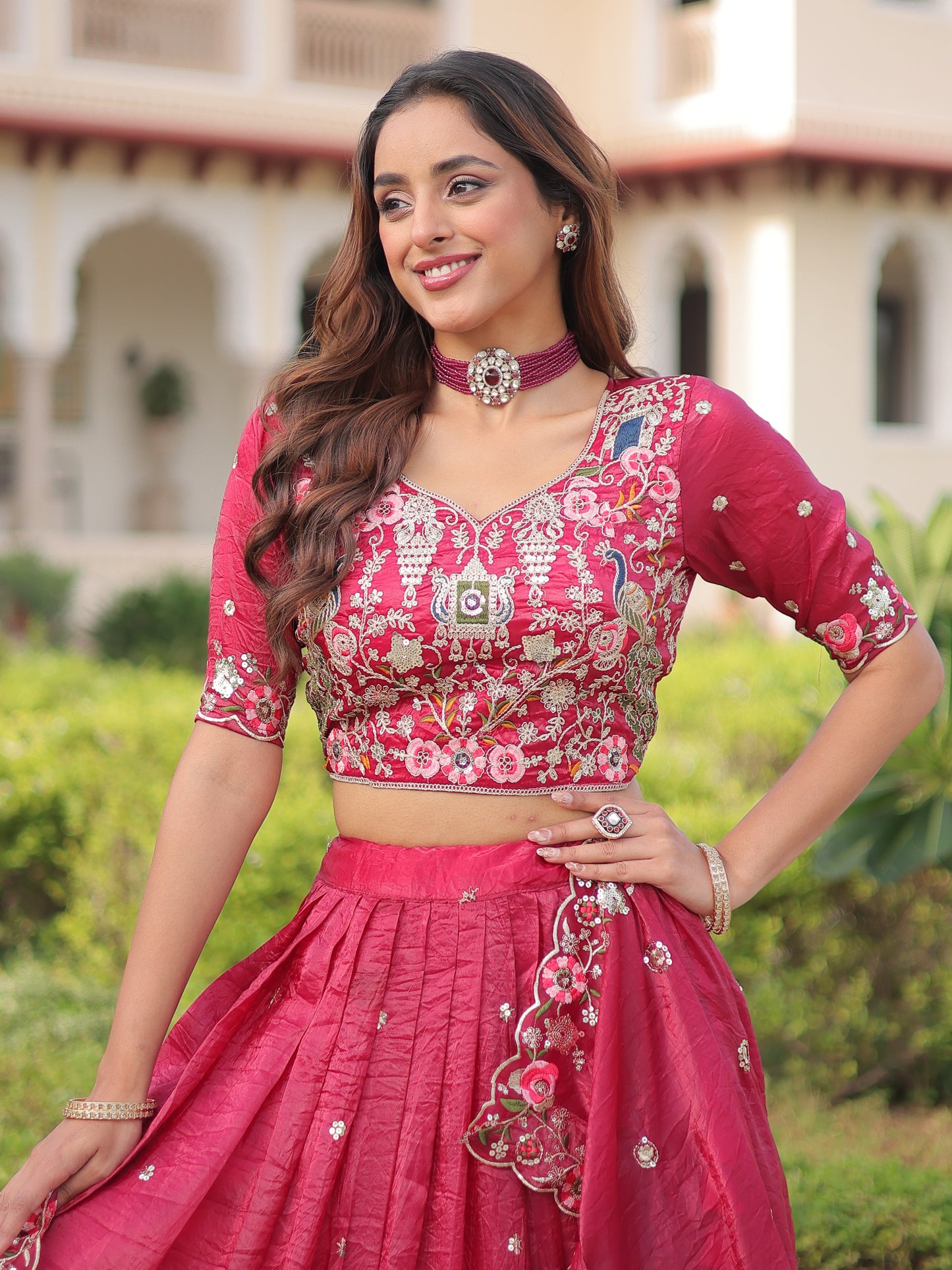 Astonishing pink Embroidered Silk Wedding Wear Lehenga Choli