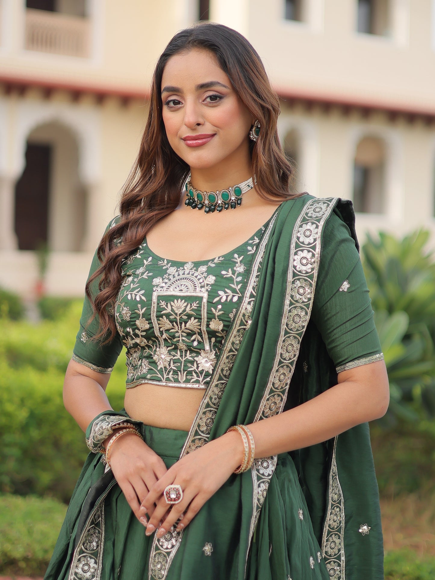 Charming Green Embroidered Silk Mehndi Wear Lehenga Choli