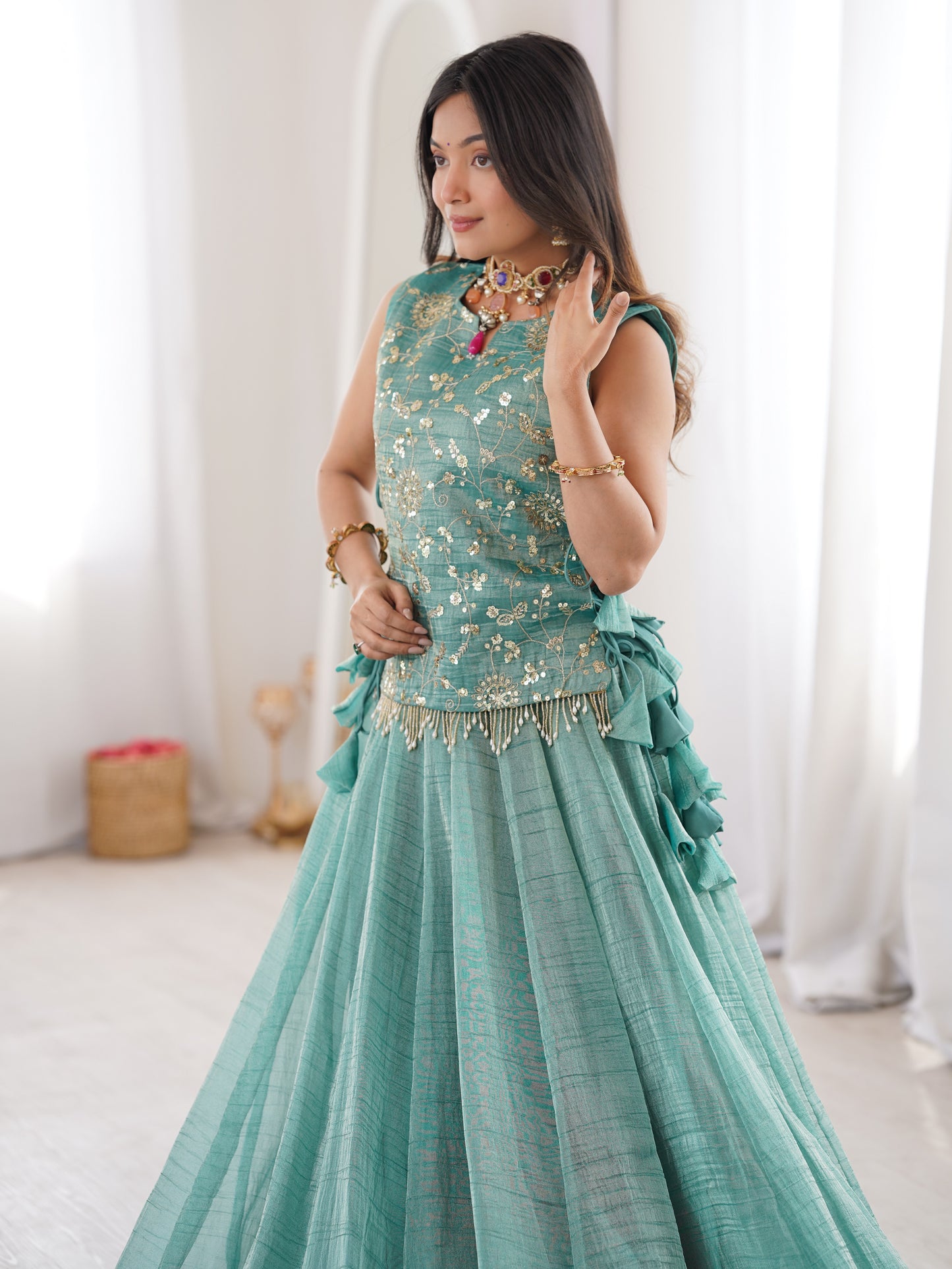 Sky Blue Embroidered Crush Silk Sangeet Crop Top Lehenga