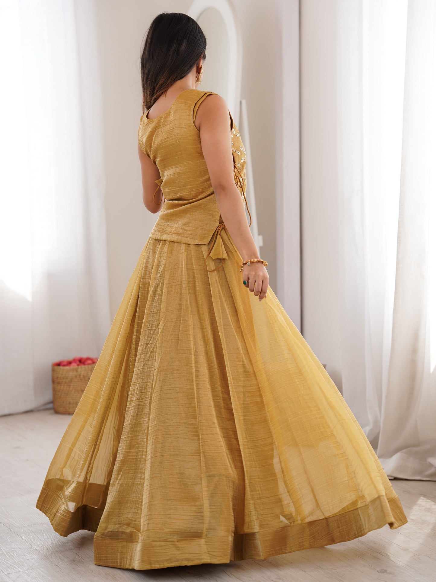 Yellow Embroidered Crush Silk Haldi Wear Crop Top Lehenga