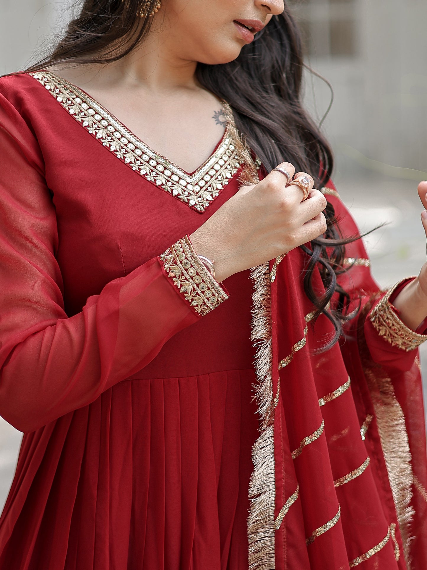 Alluring Red Embroidered Georgette Wedding Wear Gown