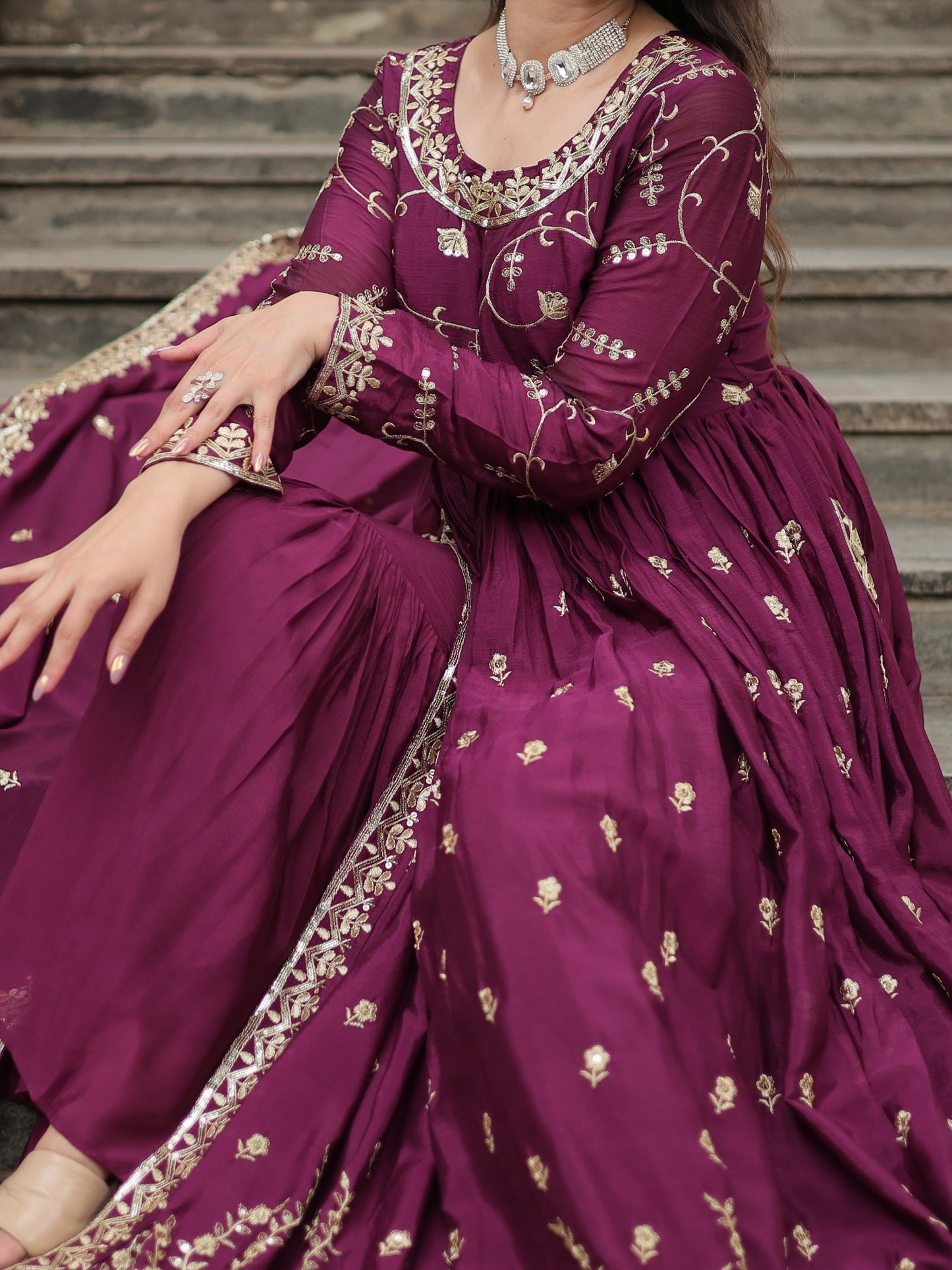 Attractive Wine Zari Work Chinon Nayracut Sharara Suit
