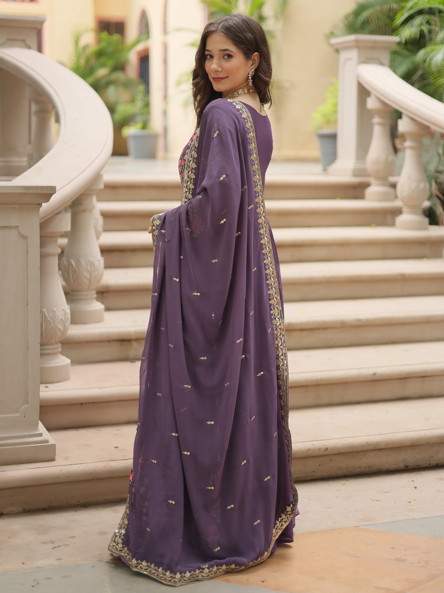 Astonishing Purple Embroidered Georgette Nayra-cut Sharara Suit